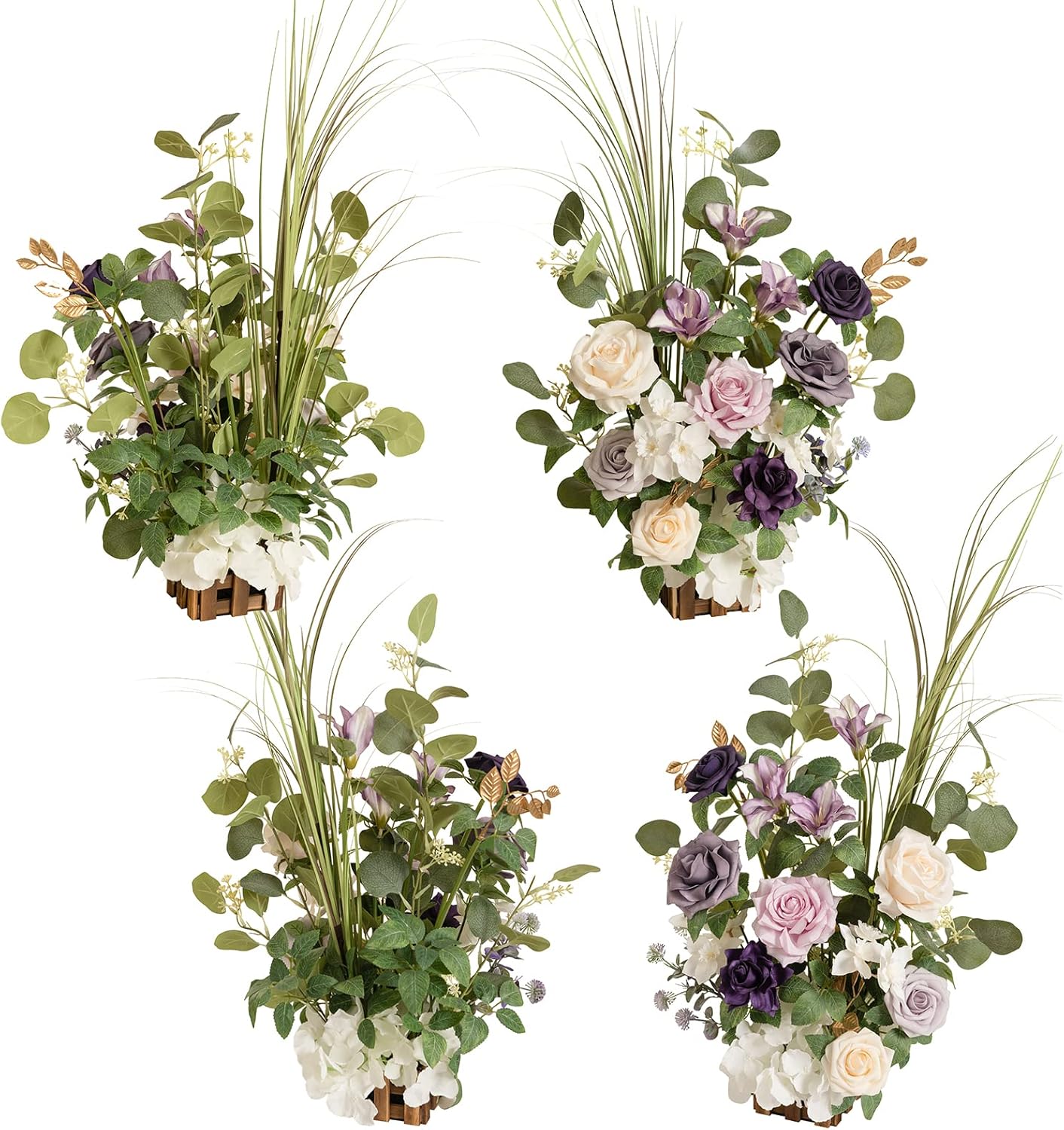 Ling's Moment 17.5" Tall Standing Artificial Flowers Arrangements 4 pcs Wedding Aisle Runner Chair Decorations Lilac & Gold Centerpieces for Ceremony Reception Rose Floral Party Outdoor Decor