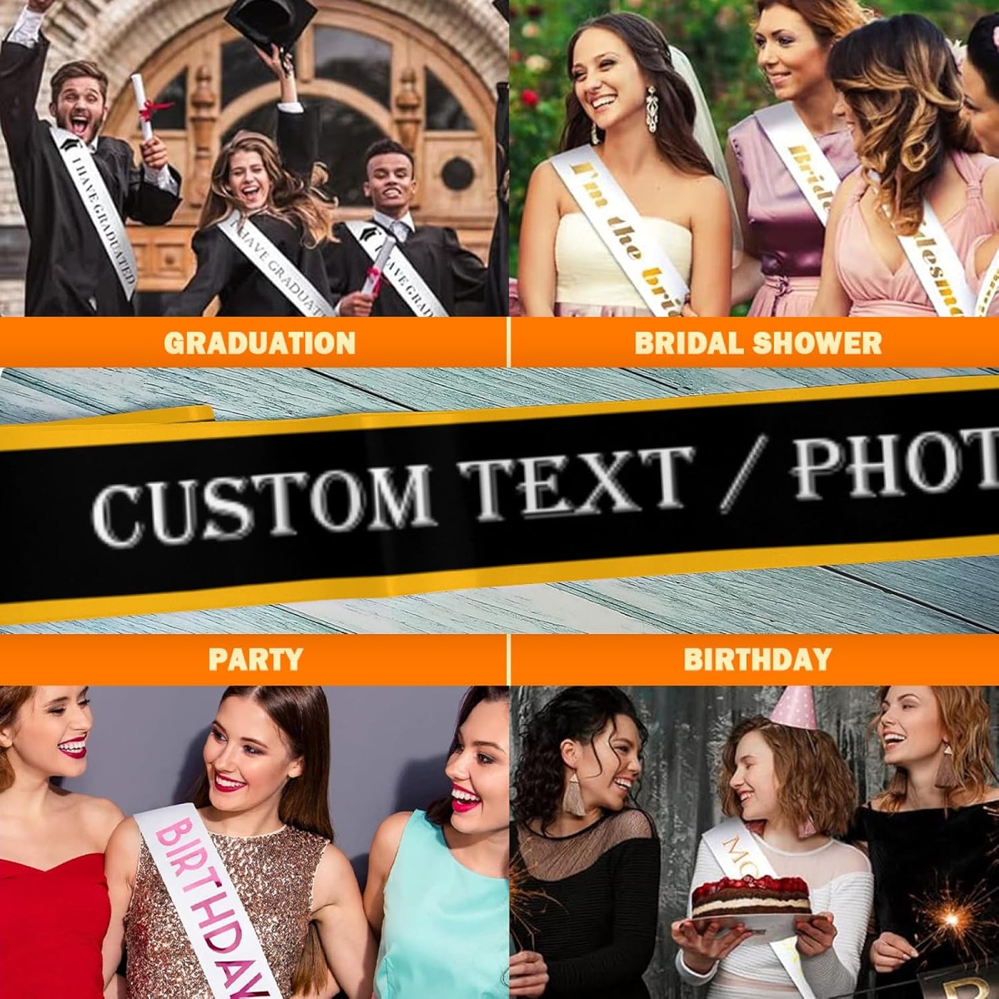 Custom Sash,Personalized Birthday Sash with Text Photo,Customized Bachelorette Sash Quote Sash Bride to Be Sash Color Optional (With decorative edge, Black)