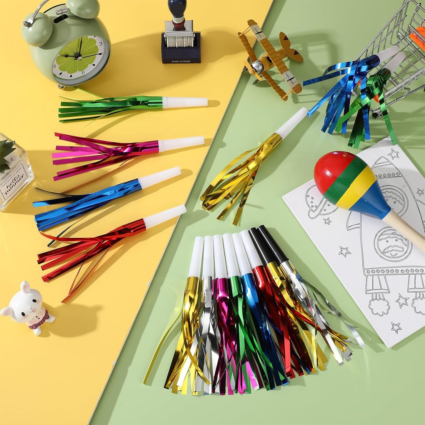 24 Pcs Gold Noise Makers Glitter Metallic Fringed Noise Makers Horns for Baby Shower, Kids Birthday, New Year Party Favor - Gold