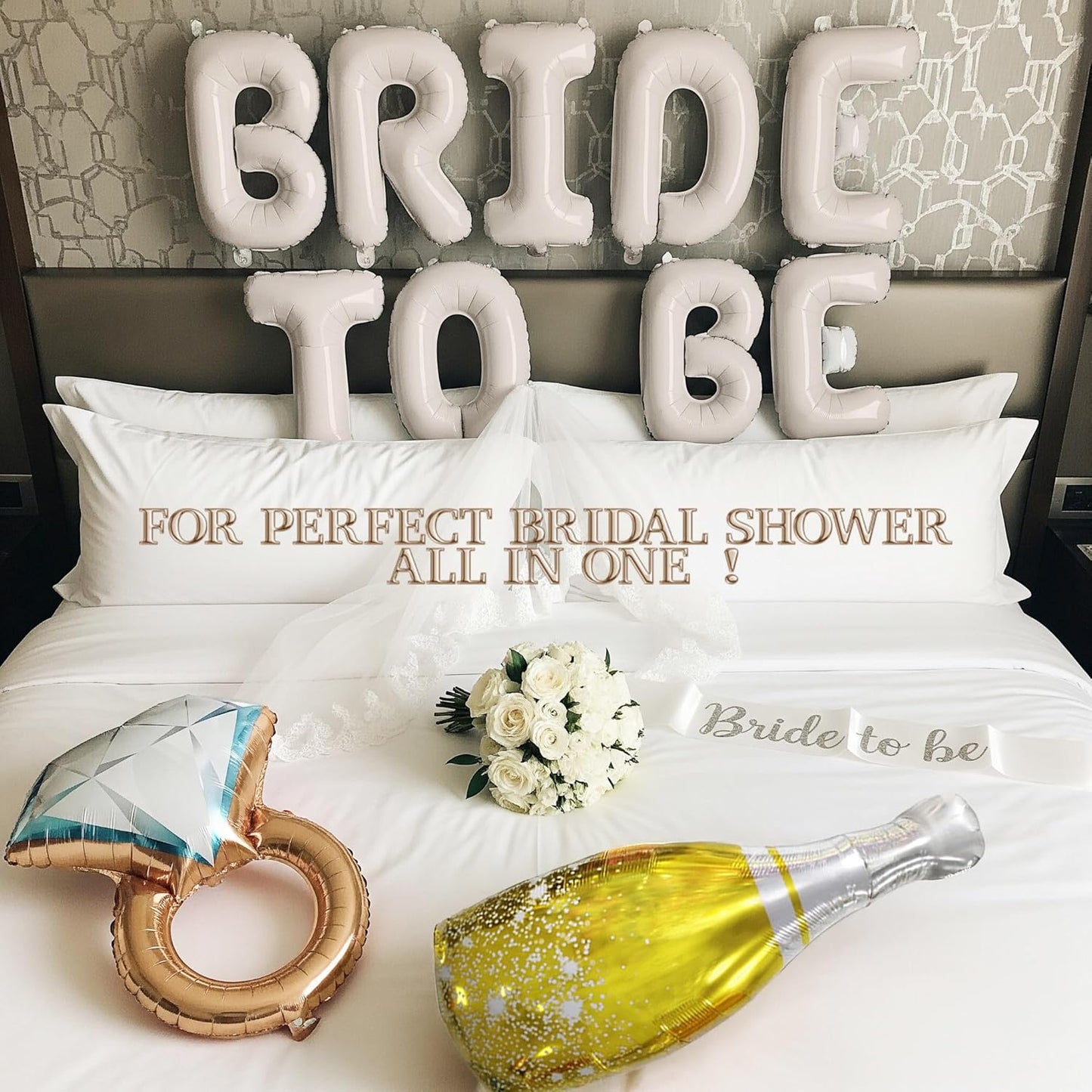 Cream White bridal shower Decorations with BRIDE TO BE letter Balloons & bridal Sash Diamond Ring Heart shape and Champagne Balloons Bridal Veil for Bachelorette Party Decor Bride To Be supplies