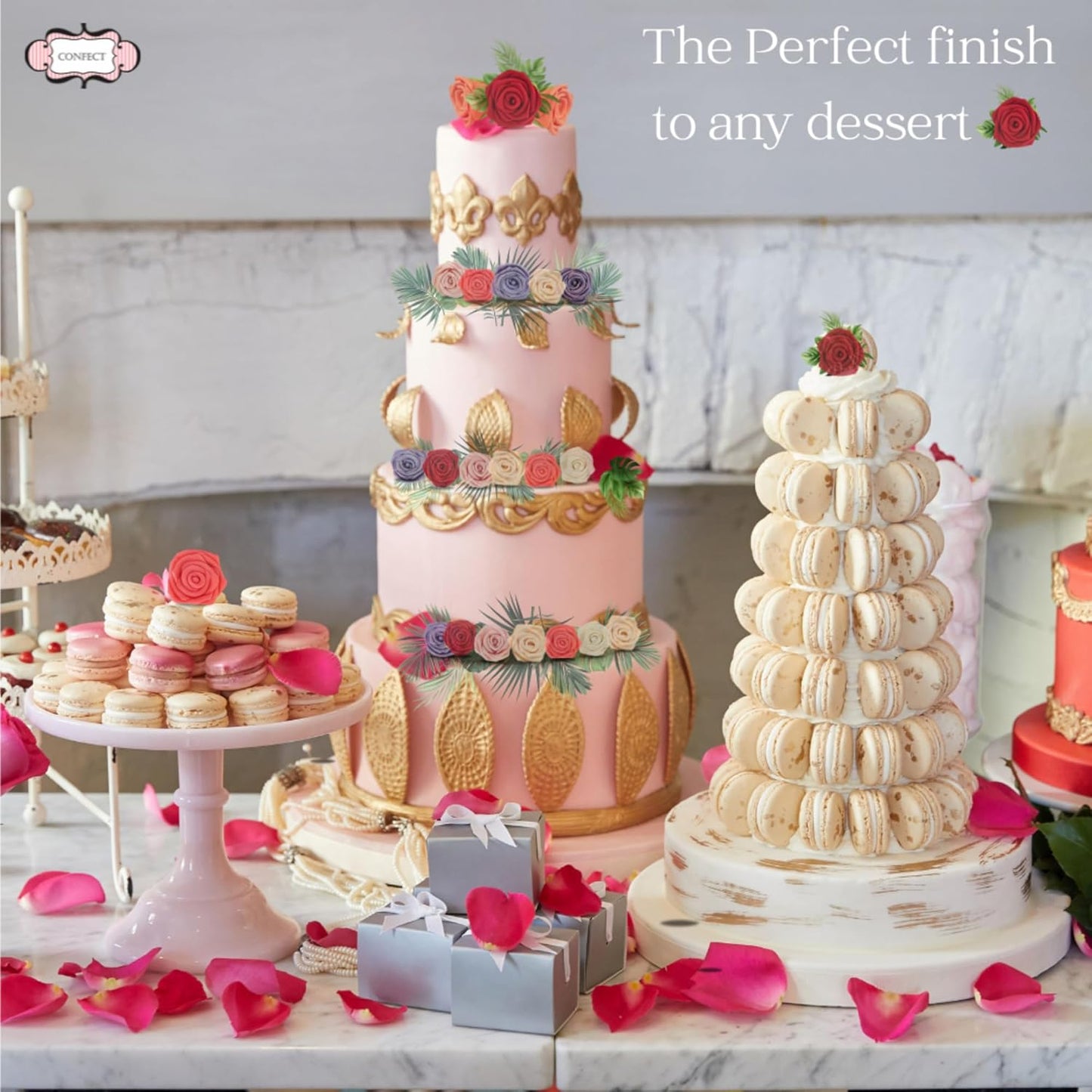 Confect Edible Rose Toppers – Edible Roses for Cake, Cupcake & Doughnut Decorating – Elegant Ombre Floral Toppers for Desserts- Vegan, Dairy-Free, Palm Oil-Free - Pack of 12