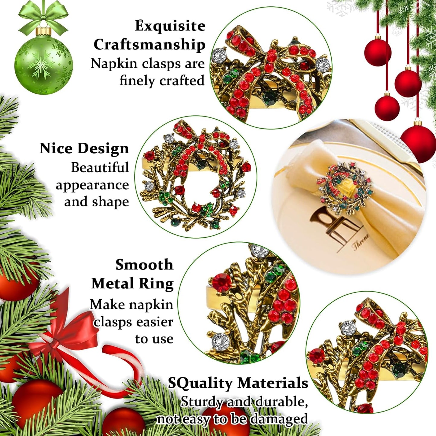 Halatool Set of 12 Christmas Napkin Rings Delicate Wreath Napkin Holder for Christmas Thanksgiving Holiday Party Table Decoration