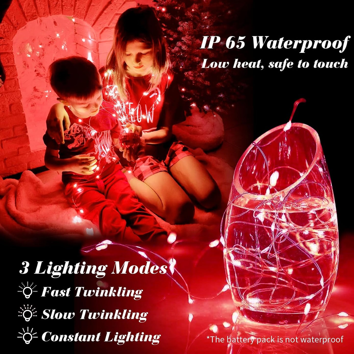 ZGWJ 100 Pack Fairy Lights Battery Operated, 7ft 20 Mini LED Fairy String Lights Silver Wire 3 Modes for DIY, Parties, Wedding, Bedroom, Halloween Christmas Decoration Red