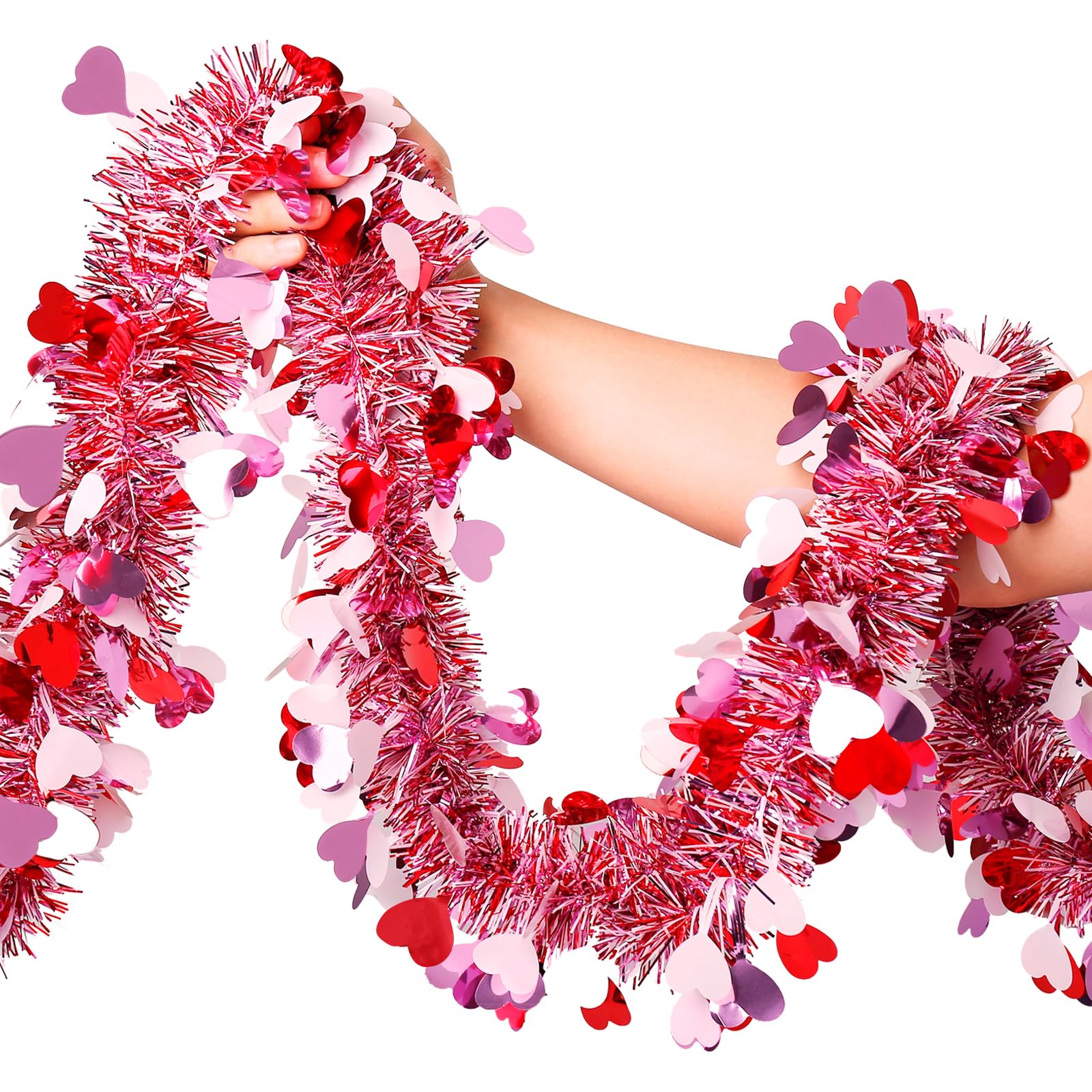 Valentines Garland Decor,50Ft Glitter Tinsel Heart Garland Decorations for Tree Mantle Bedroom