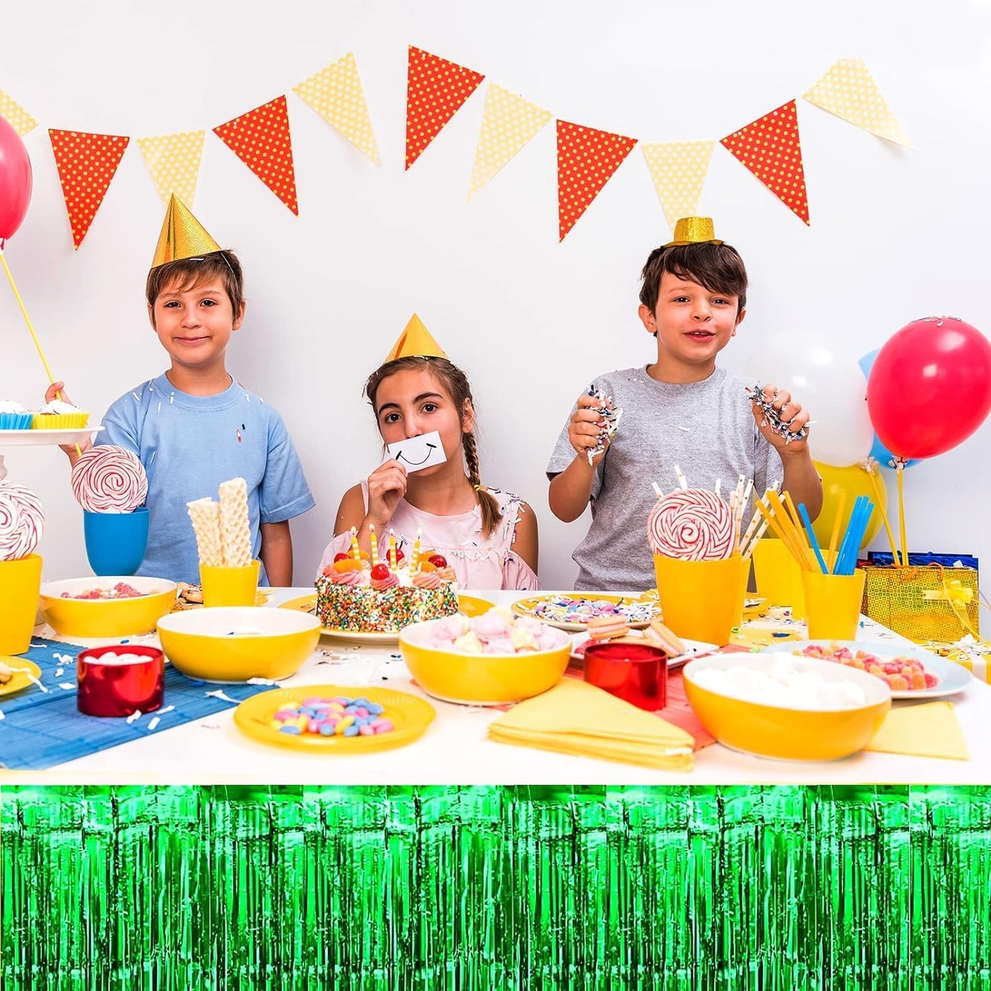 4P Metallic Foil Fringe Tinsel Table Skirts for Rectangle Tables Backdrop Banner Tinsel Streamer Garland Curtains for Parade Floats Wedding Graduation Anniversary Birthday Parties Decoration (Green)