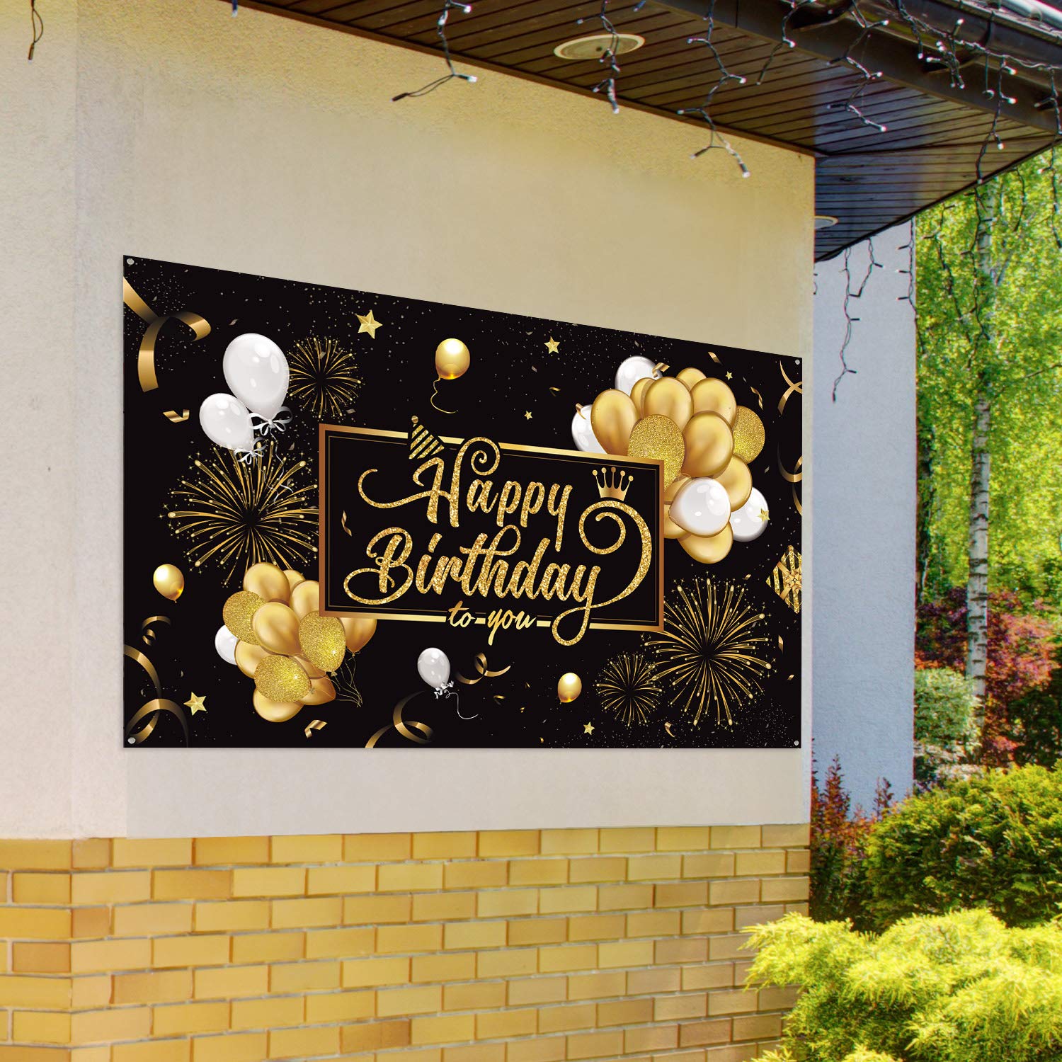 Blulu Black and Gold Happy Birthday Banner Sign Photo Backdrop, Classic