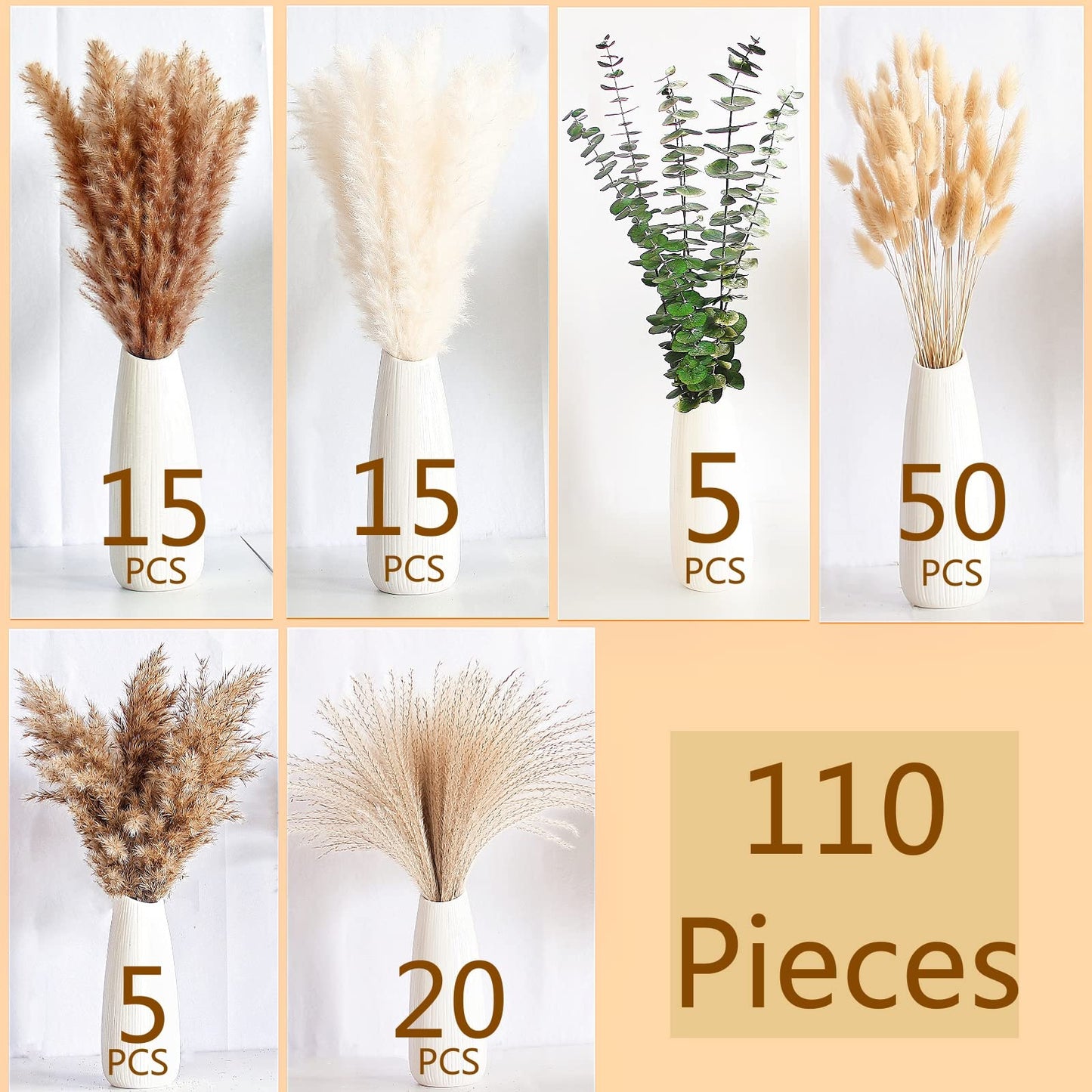 110 PCS of Boho Pampas Grass Decor, Naturally Dried Pompas, Bunny Tails Dried Flowers, and dried