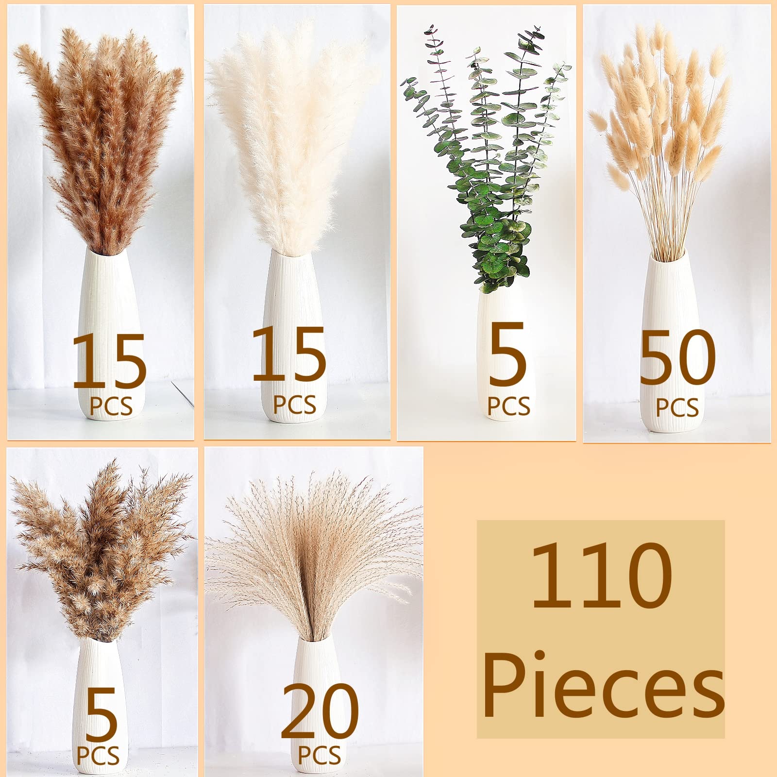 110 PCS of Boho Pampas Grass Decor, Naturally Dried Pompas, Bunny Tails Dried Flowers, and dried