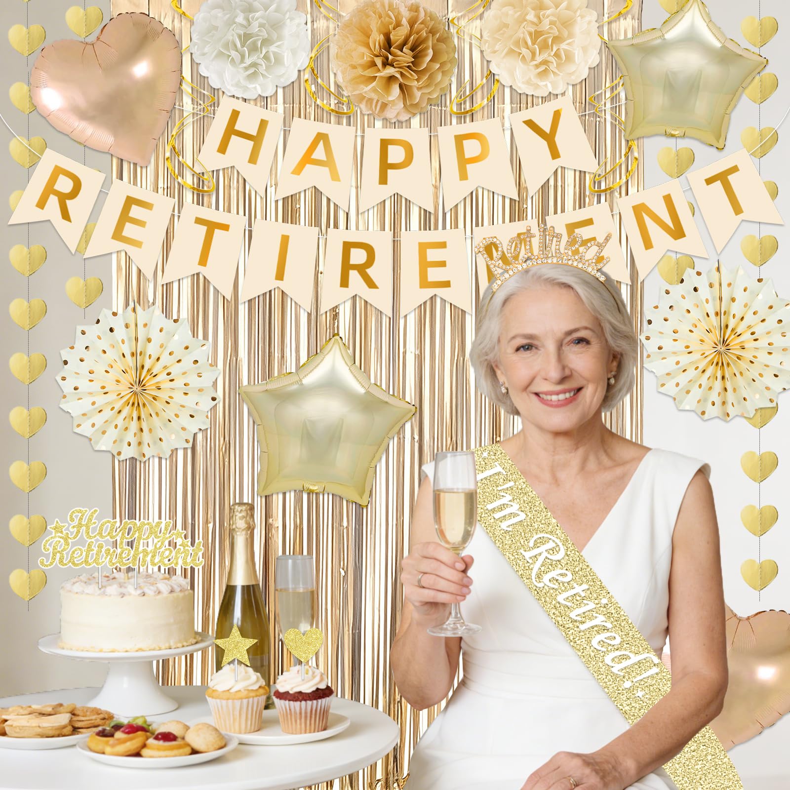 Retirement Party Decorations Supplies Set, Champagne Gold Retirement Decorations Happy Retirement