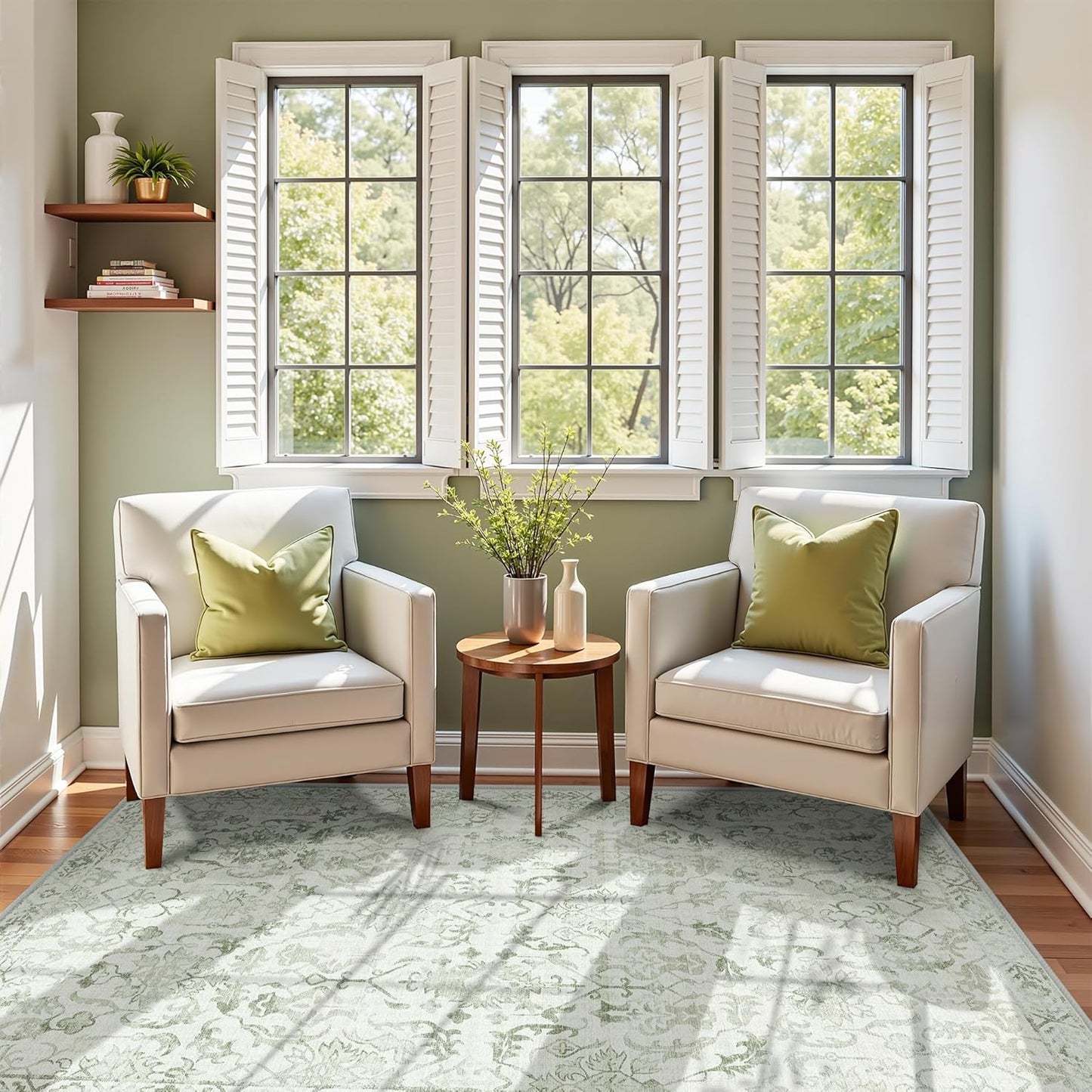 Sage Vintage Area Rug 3x5 for Living Room Bedroom, Washable Distressed Farmhouse Soft Thin Non-Shedding Indoor Throw Rug, Traditional Accent Carpet for Bedroom Office