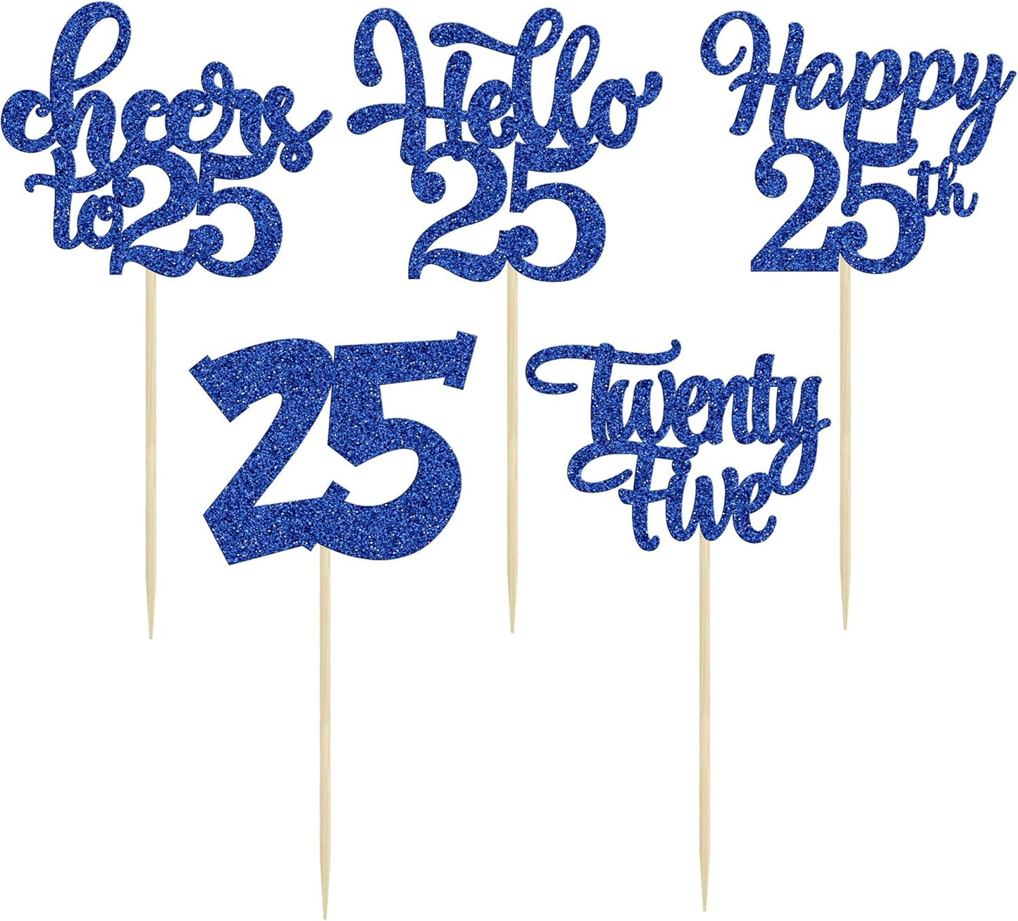 30pcs 25th Birthday Cupcake Toppers - 25th Anniversary Cheers to 25 Years Old Cake Decorations - Deep Blue Glitter