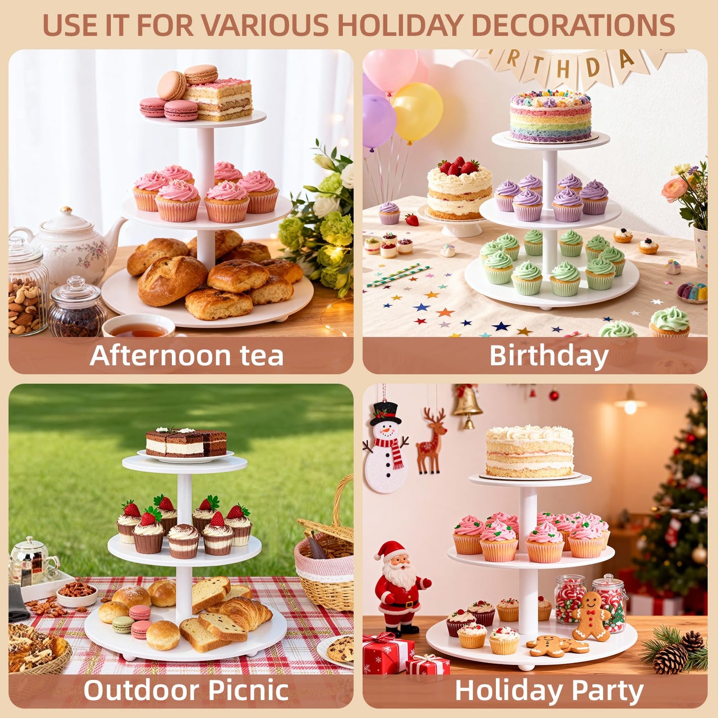 VIVIRBIEN 3-Tier Wood Cupcake Stand: 12in White Round stand for cupcake