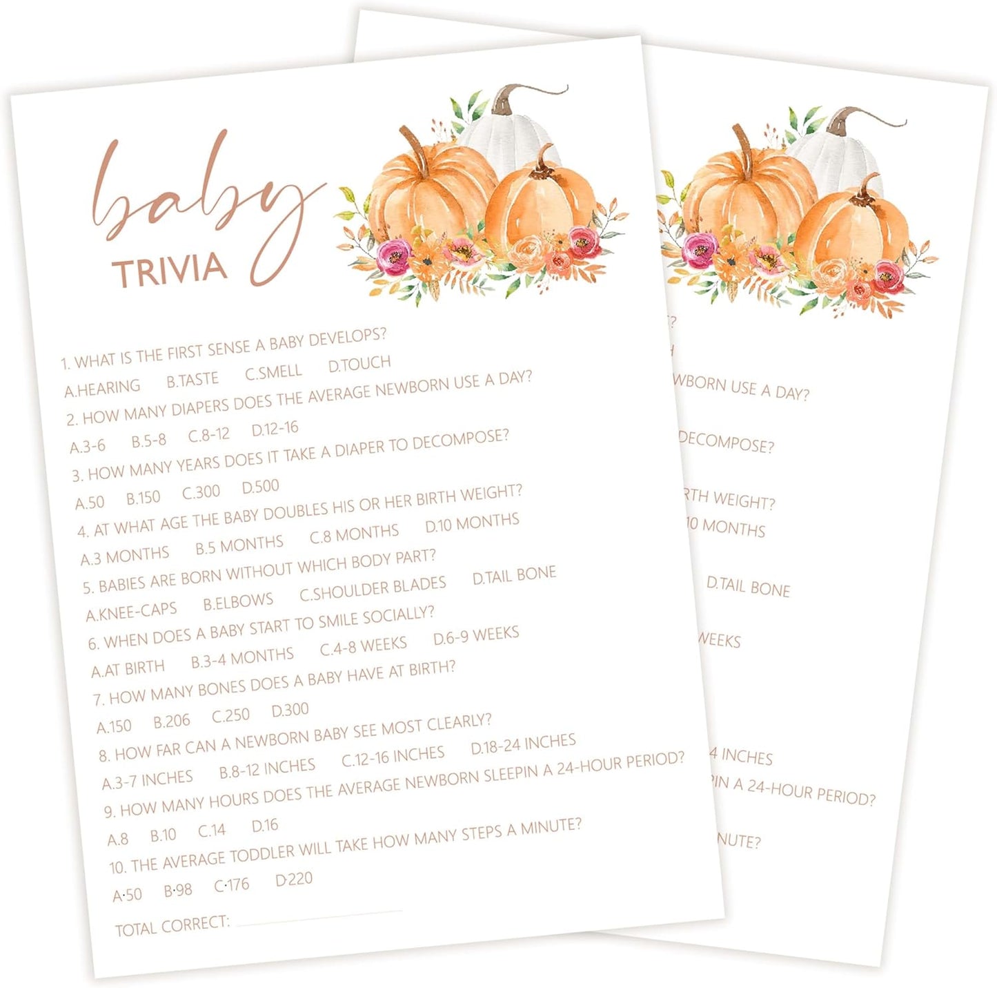 Baby Shower Games, Thanksgiving Baby Trivia Game Cards + 1 Answer Card, 25 Sets Baby Gender Reveal Party Decorations Supplies - E05