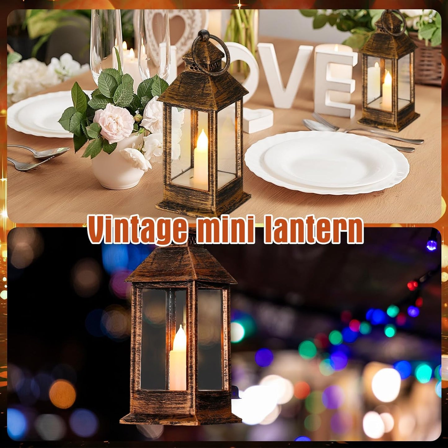 Hoolerry 24 Set Halloween Mini Lanterns with LED Candles 5.5'' Decorative Hanging Small Vintage Lantern Centerpiece Battery Powered for Wedding Table(Retro)