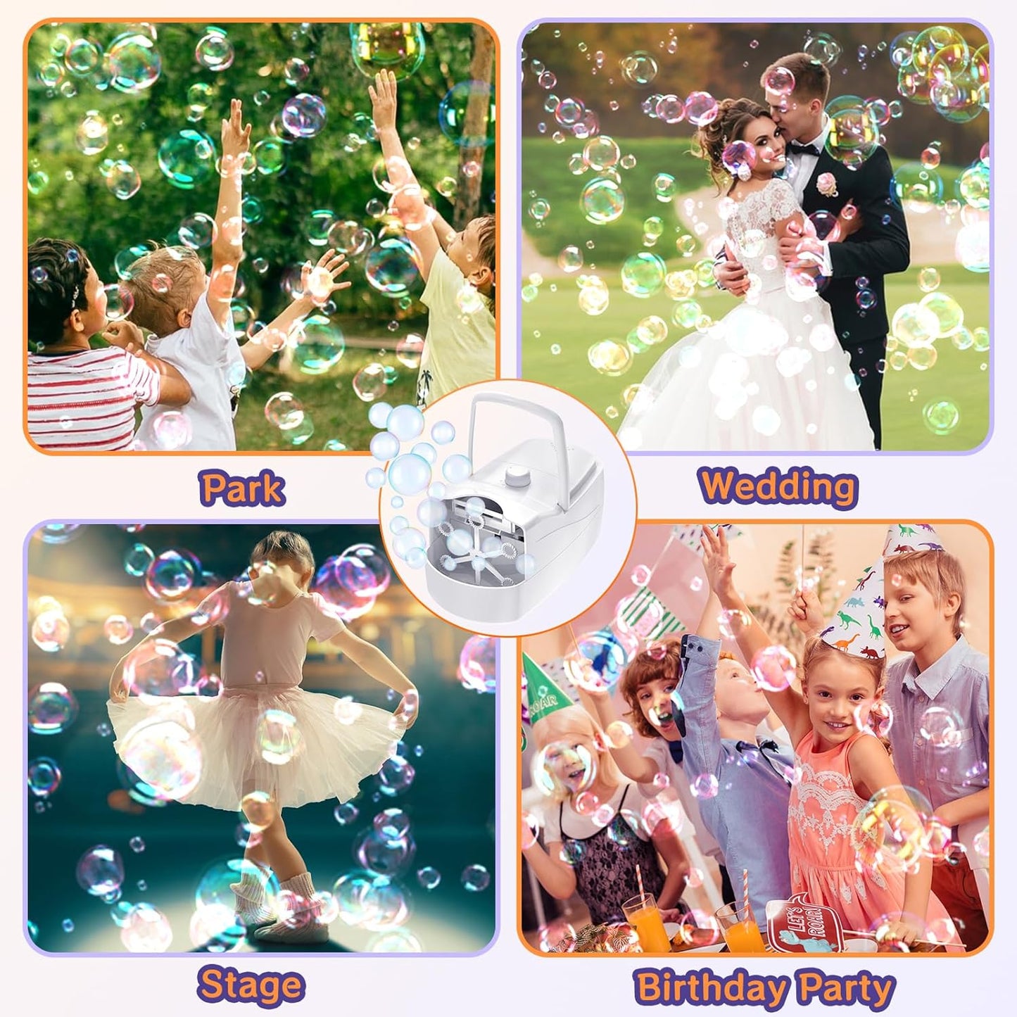 Bubble Machine, Automatic 18000+ Per Minute Big Bubbles Blower Maker for Kids Toddlers with 2 Speeds,6 Wands,Operated by Plugin or Batteries for Outdoor/Indoor Birthday Parties,Wedding (White)