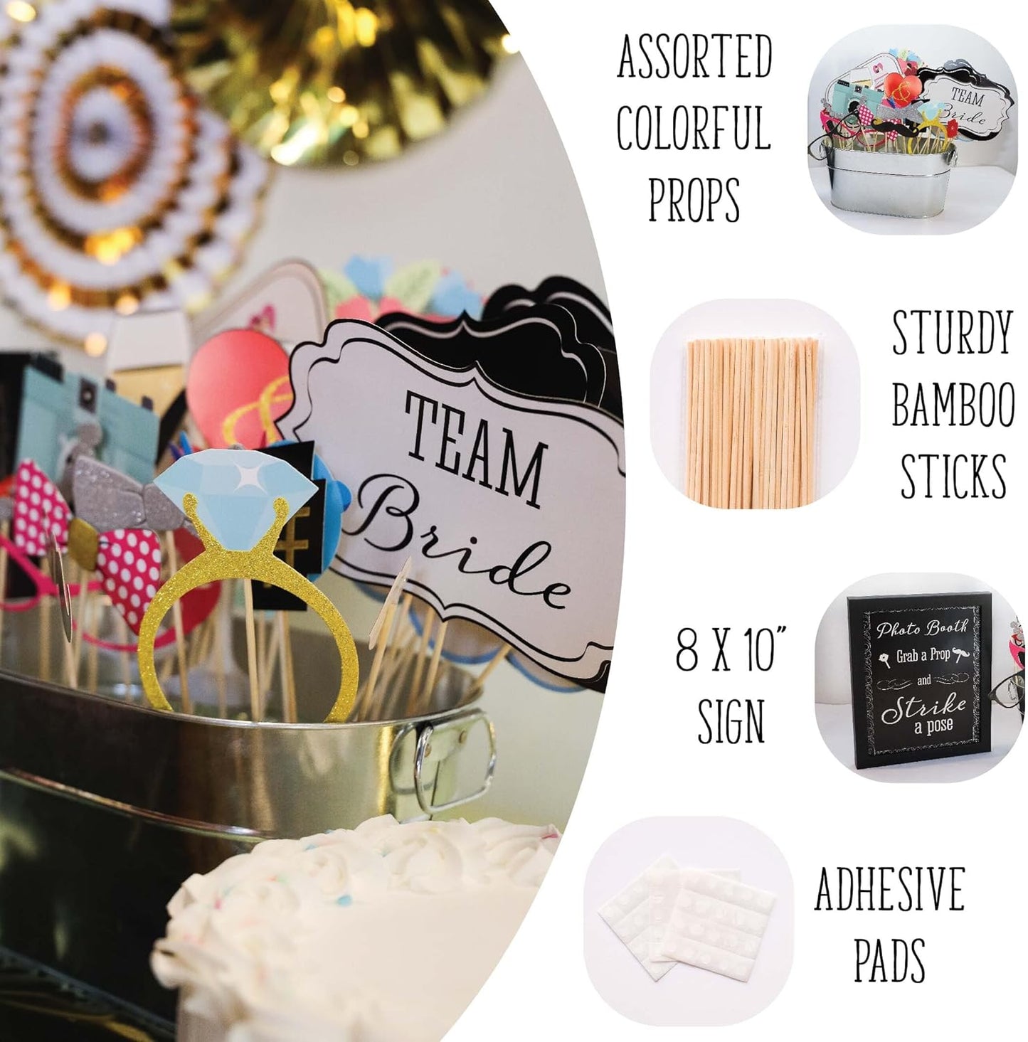 Wedding Photo Booth Props with 8 x 10-Inch Sign, 45 Adhesive Pads, 35 Wooden Sticks - Signs for Wedding Backdrop and Selfie Station