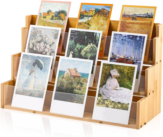 3 Tier Greeting Card Display Stand Wood Color Bamboo and Acrylic Sticker Display Stand Trading Card Holder Retail Photos Shelf for Vendors Craft Collection & Show