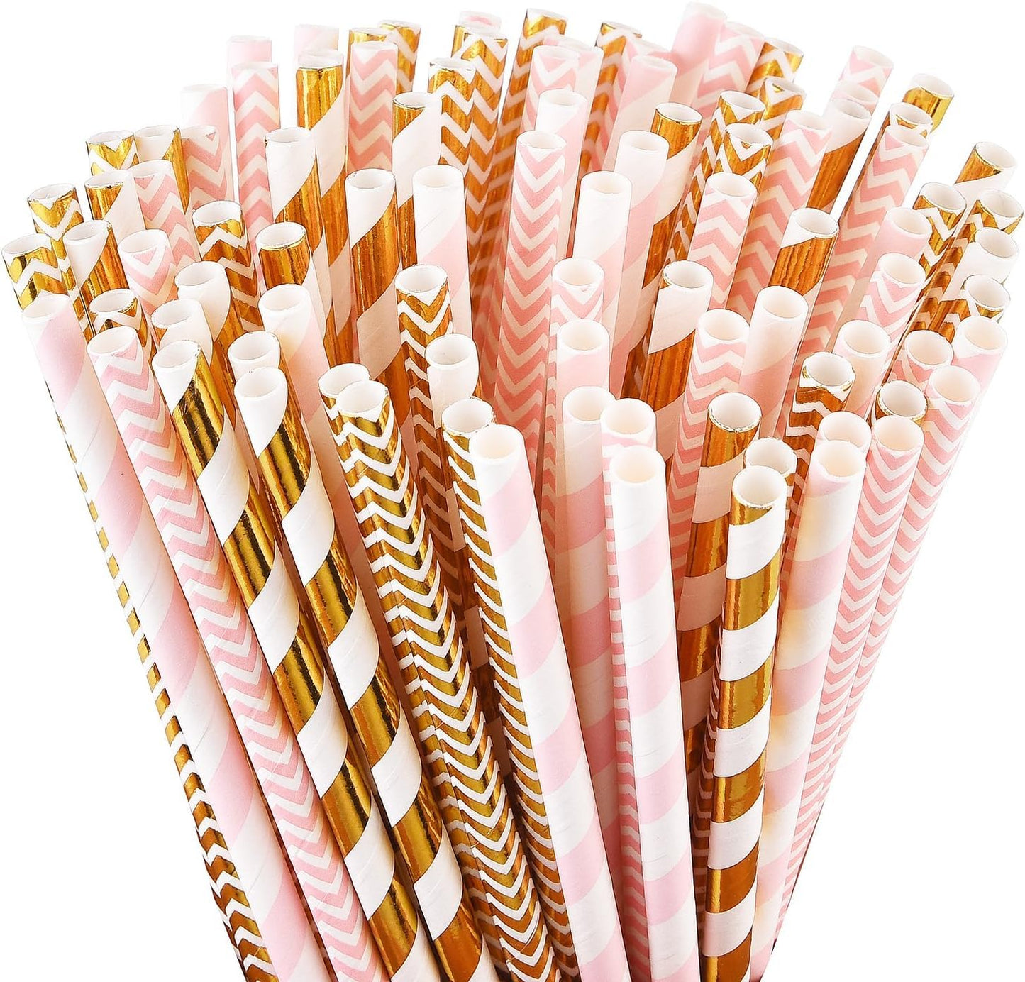 ALINK Gold Pink Paper Straws, 100 Pack Striped Party Straws