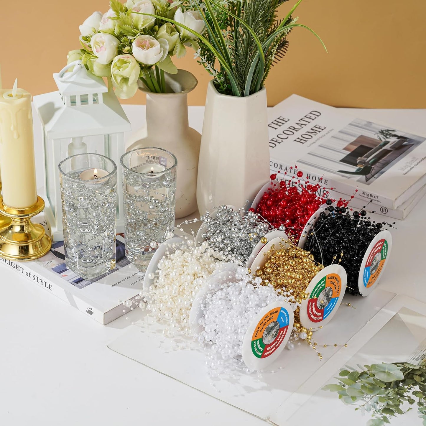 13Feet Pearl String Spool Roll for Floating Candles Faux Pearls Strands Garland for Vase Filler Wedding Centerpiece Christmas Table Decor (Black)