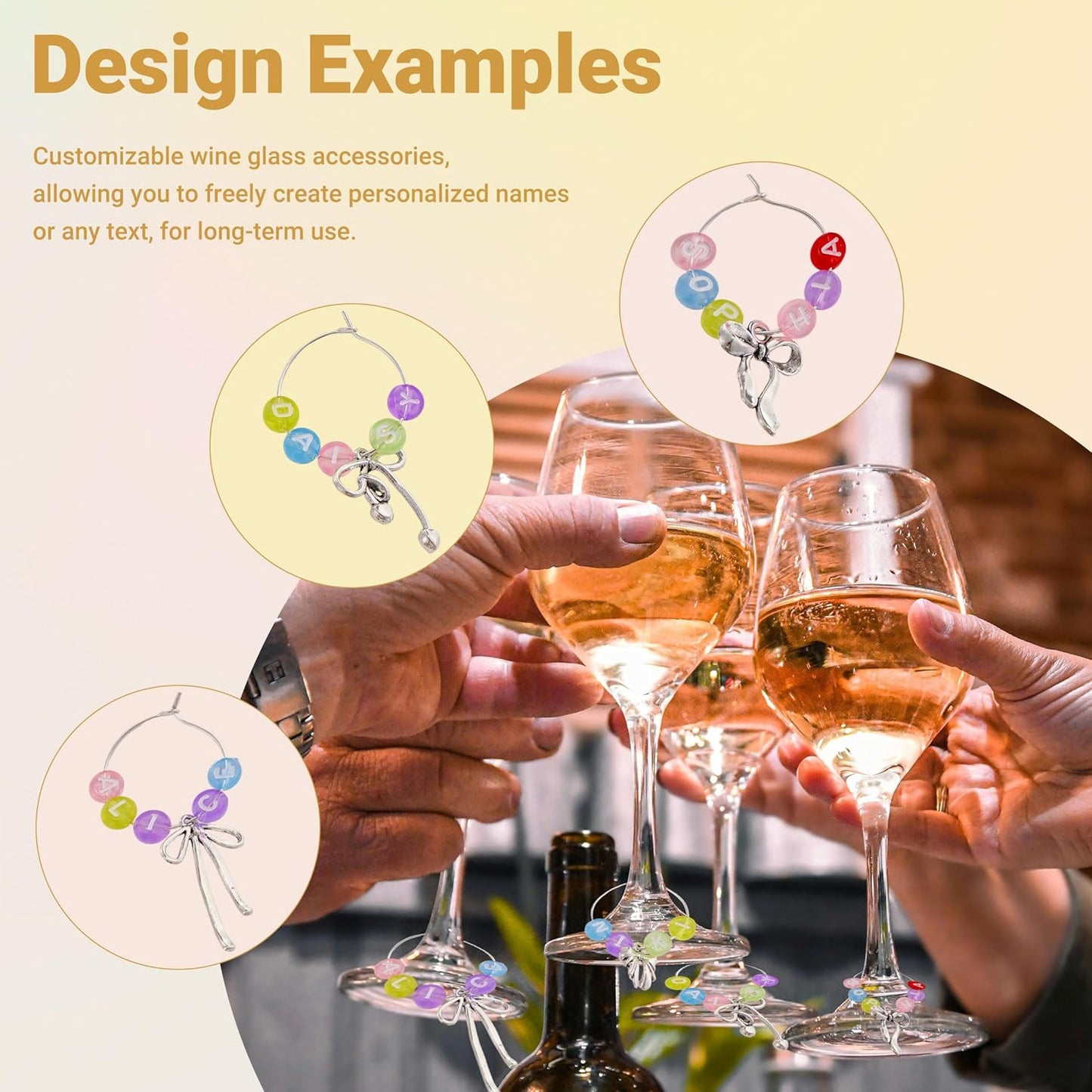 50 Sets Wine Glass Charms, Wine Charms for Stem Glasses, DIY Reusable Drink Markers for Weddings & Bachelorette with Alphabet Beads