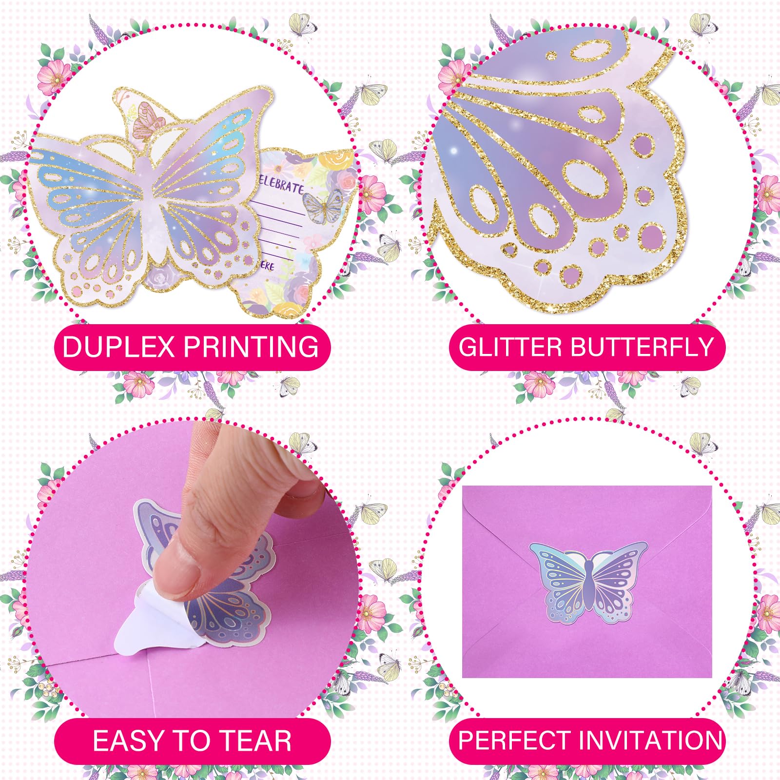 Hotop 24Sets Butterfly Birthday Invitation with Envelope & Sticker for Girl