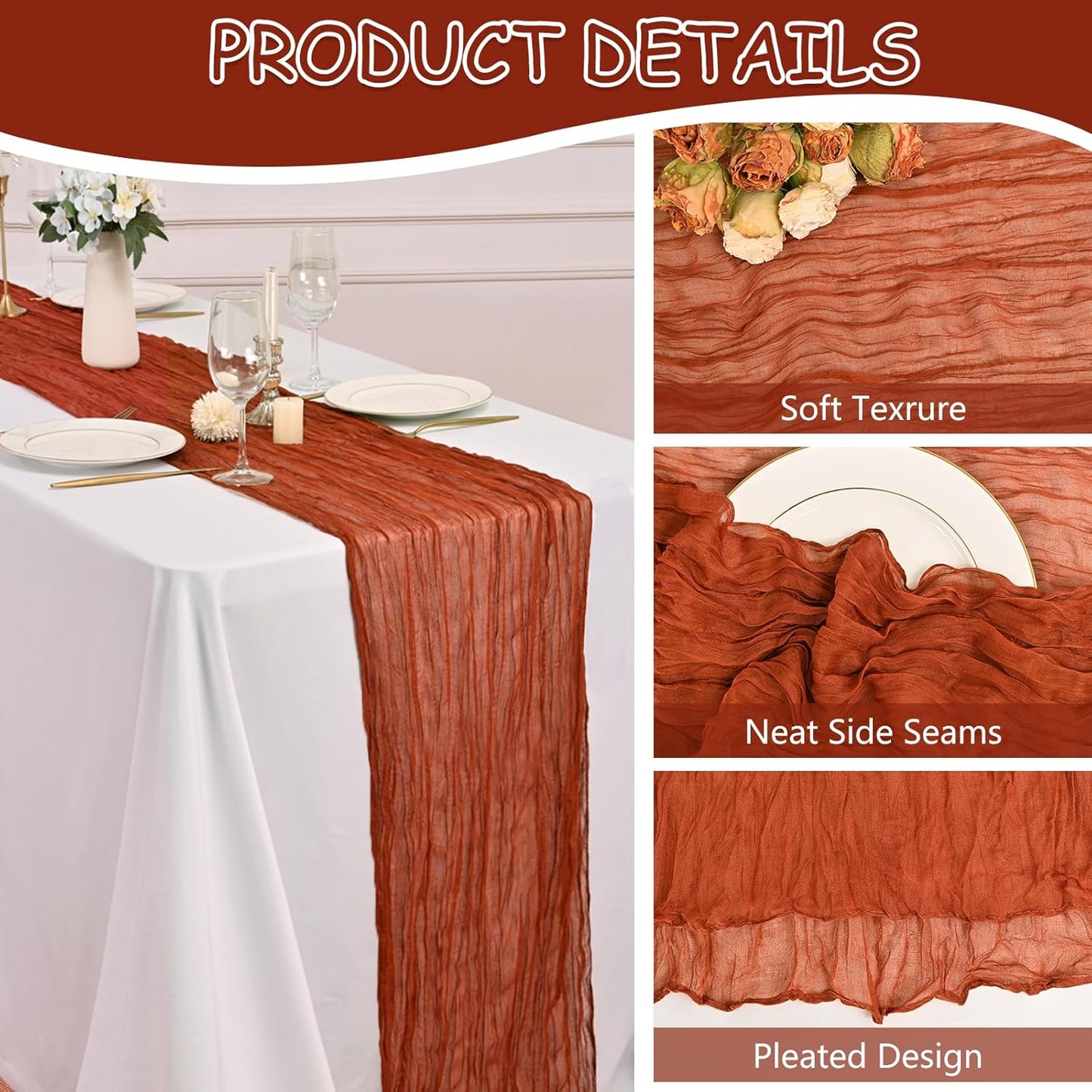 12 Pack Terracotta Cheesecloth Table Runner 20 x 120 inch Gauze 10FT Semi Sheer Boho Fabric Cheese Cloth Table Runner for Wedding Party Birthday Baby Bridal Shower