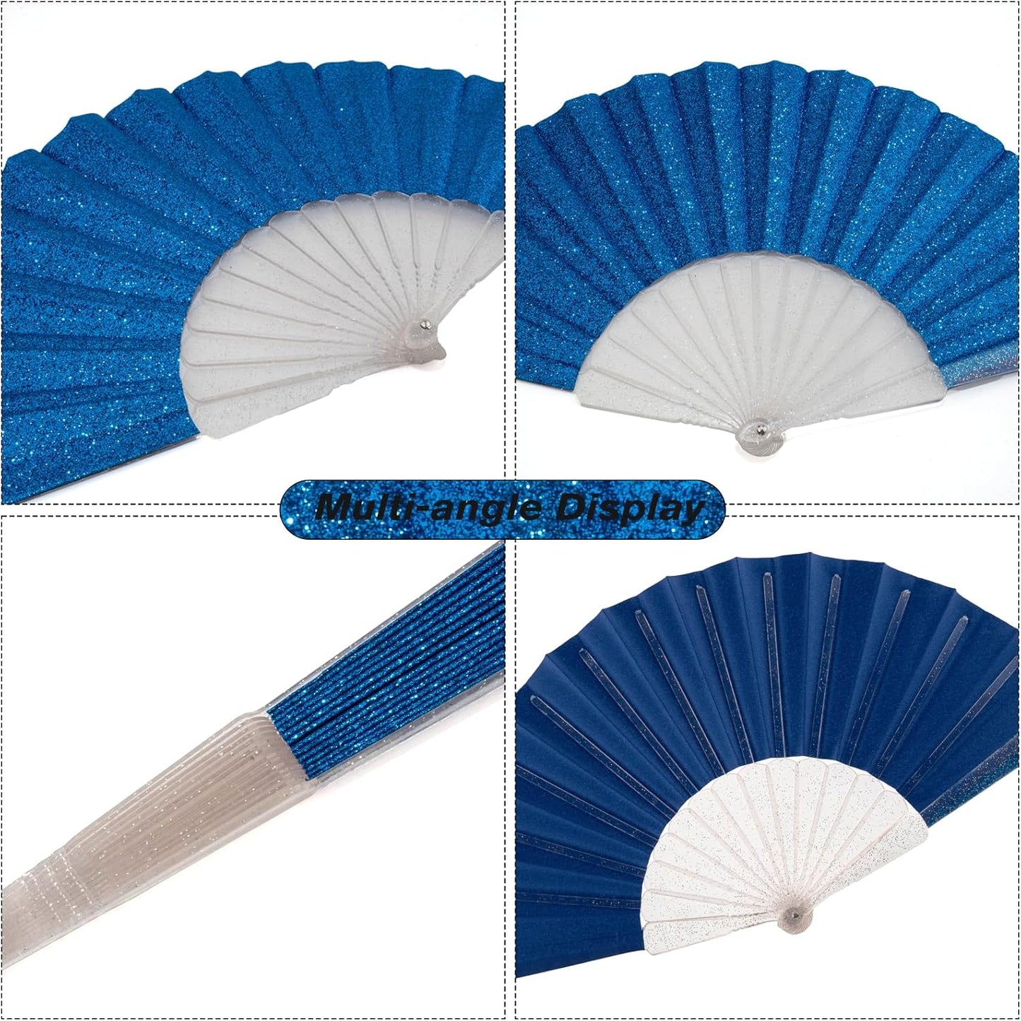 12 Pack Handheld Fan,Folding Hand Glitter fan with Shining Transparent Fan Rib – Ideal for Wedding, Church, Festival, Dance, Tea Party, Club, and EDM Accessories, Royal blue