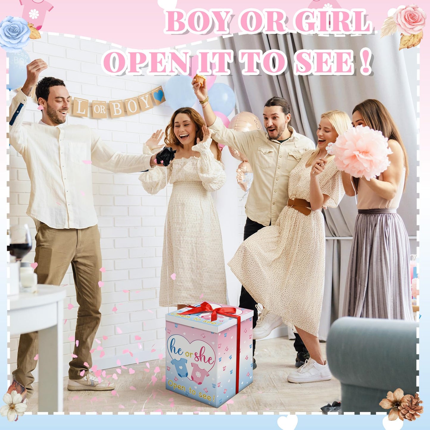 Hungdao Gender Reveal Balloon Box with Ribbon and 10 Pink and Blue Balloons Gender Reveal Games He