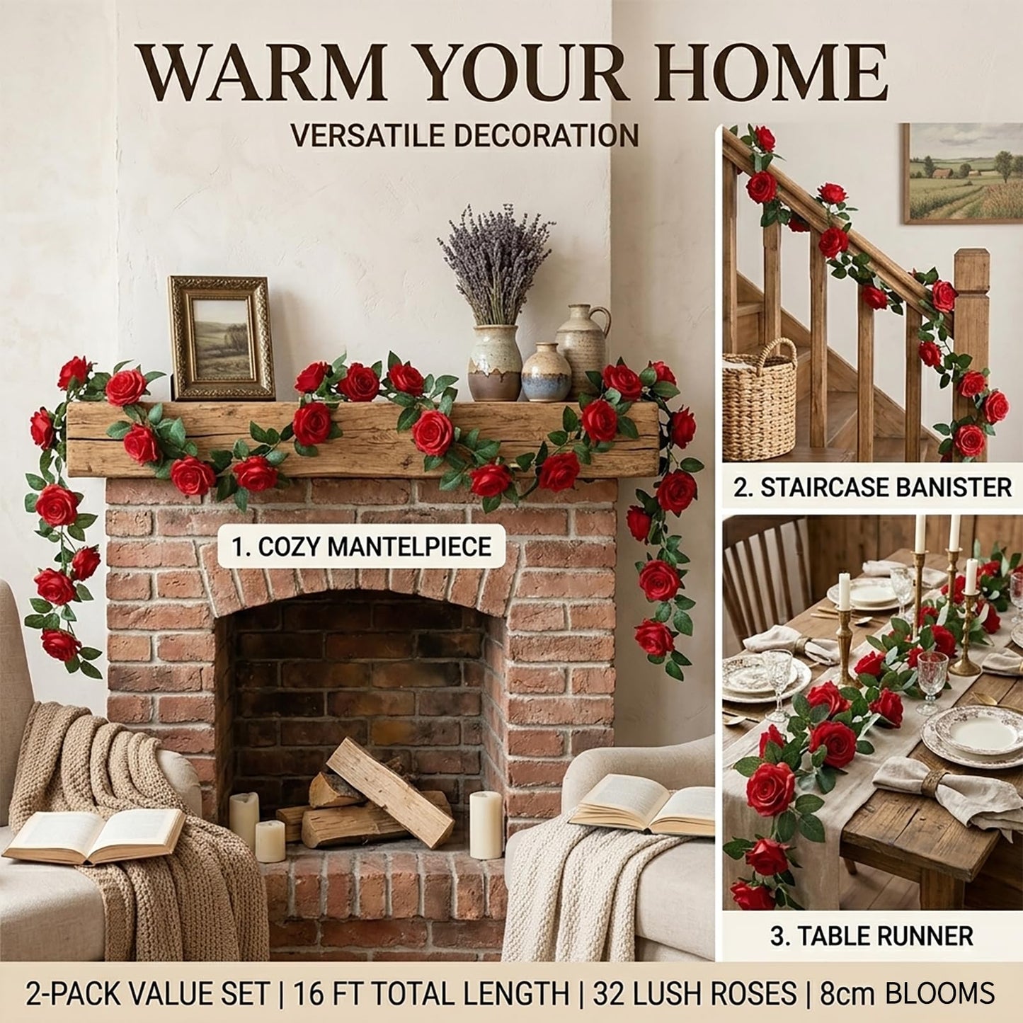 SWSTINLING 2 Pack 16FT Artificial Silk Rose Garland Vine