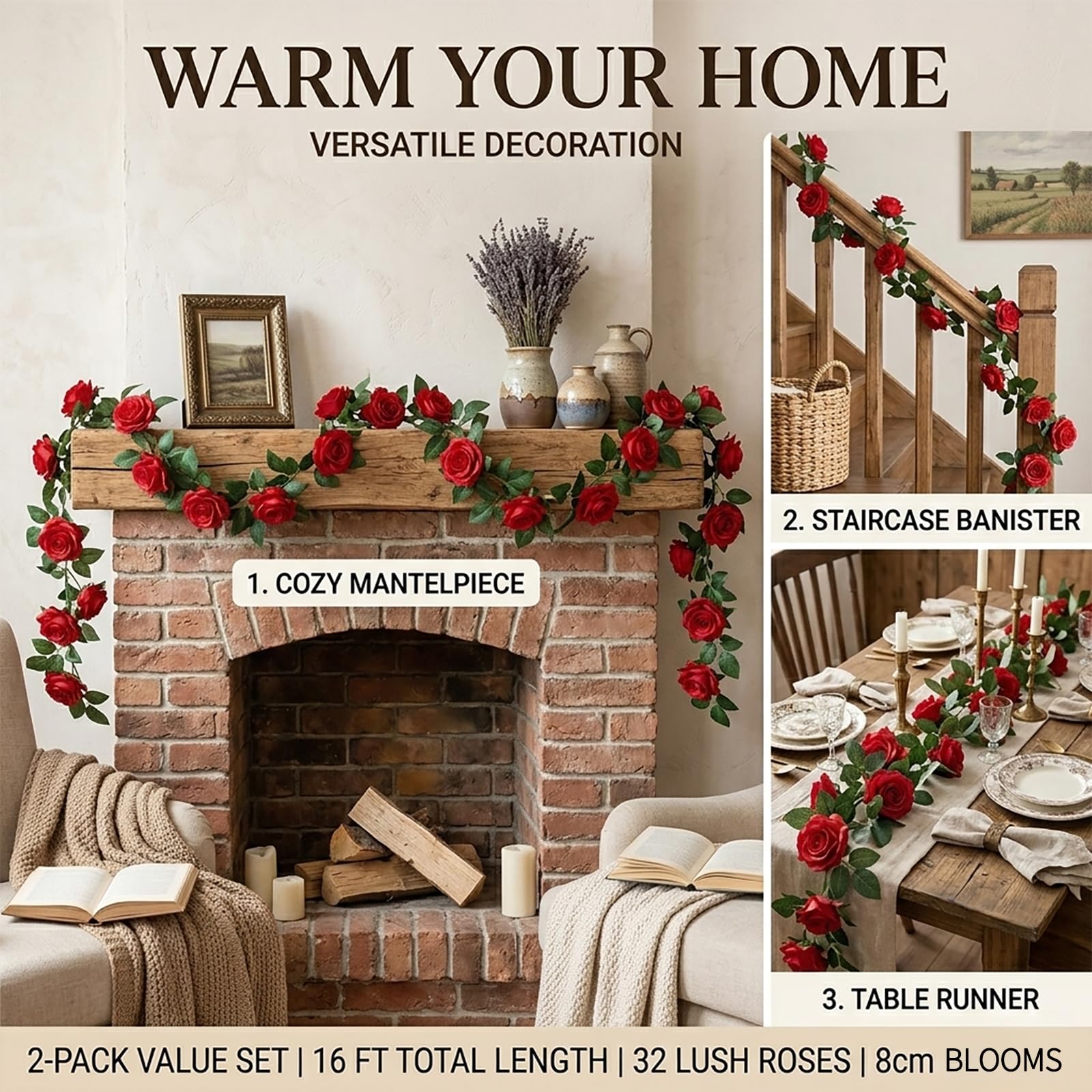 SWSTINLING 2 Pack 16FT Artificial Silk Rose Garland Vine