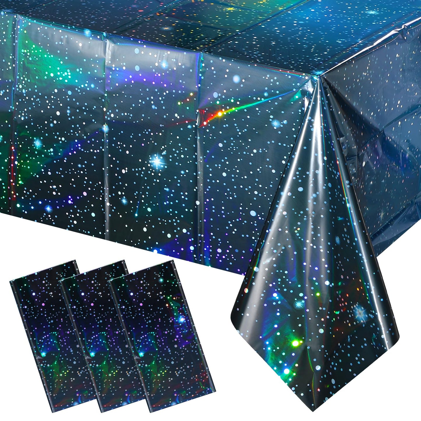 YIDAKO 3Pcs Iridescent Space Tablecloths, Disposable Plastic Blue Galaxy Table Cloth Rectangle