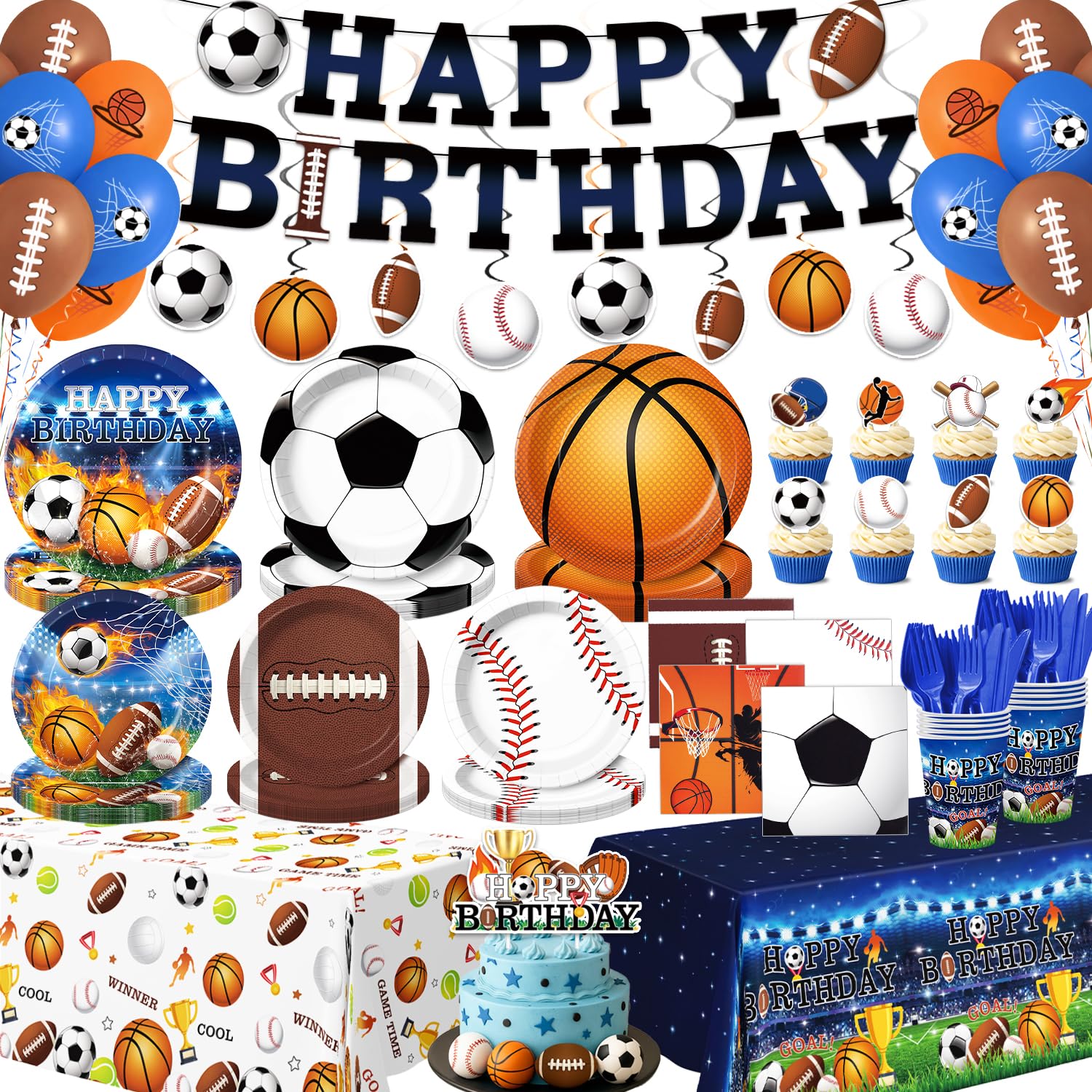 244 Pcs Sports Birthday Party Decorations - Serve 30, All in One Football Basketball Baseball