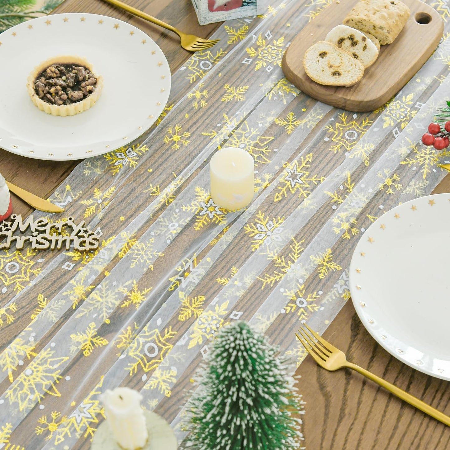 Artoid Mode Gold Snowflakes Christmas Gauze Table Runner 120 Inch 10FT, Winter Seasonal Sheer Dining Holiday Wedding Table Decor for Home Party