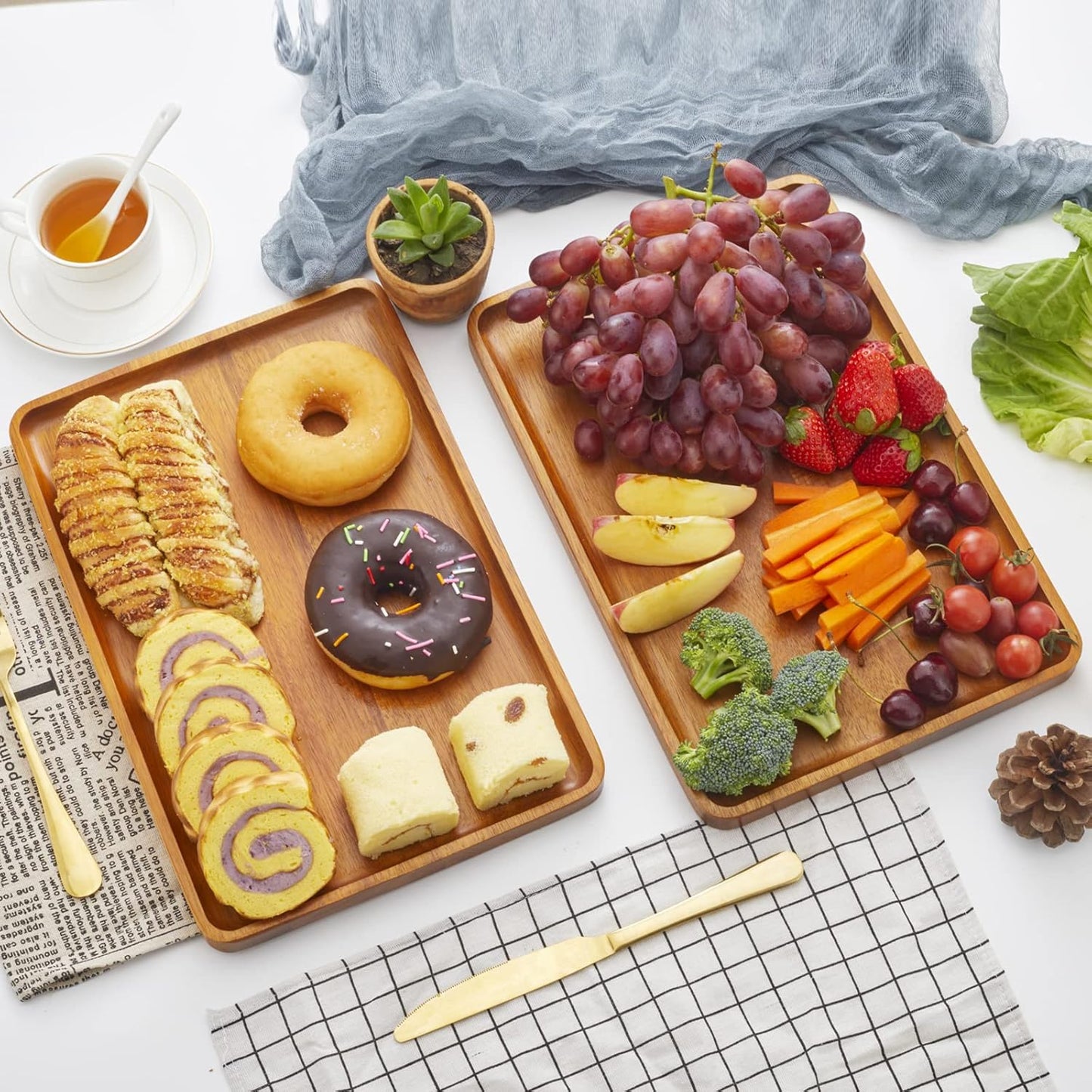 2 PCS 13 x 9 in Solid Acacia Wood Serving Trays Rectangular Wooden Serving Platters Natural Wooden Boards for Bar Coffee Party