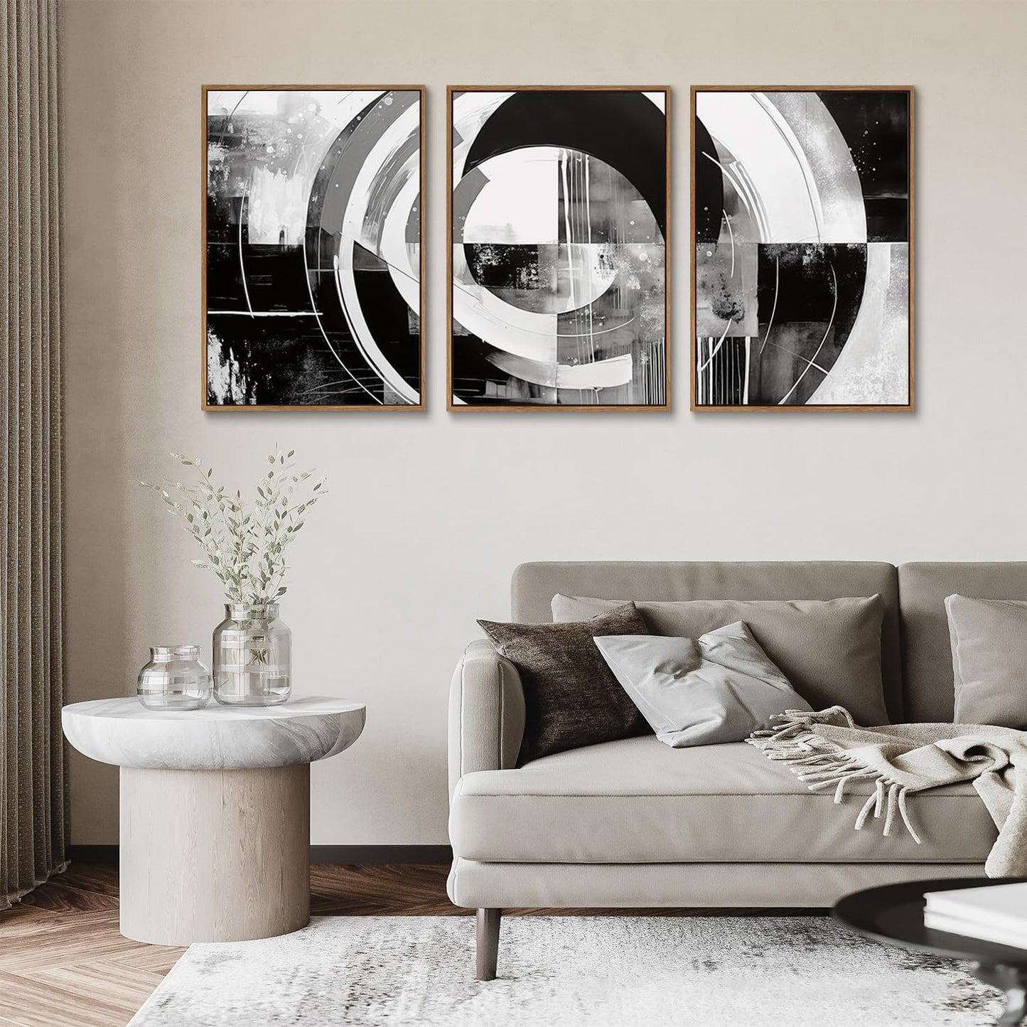 myusuar 3 Piece Large Modern Abstract Canvas Framed Wall Art For Living Room, Black And White Rings Minimalist Wall Art Decor Posters Prints For Bedroom Office, 12x16in