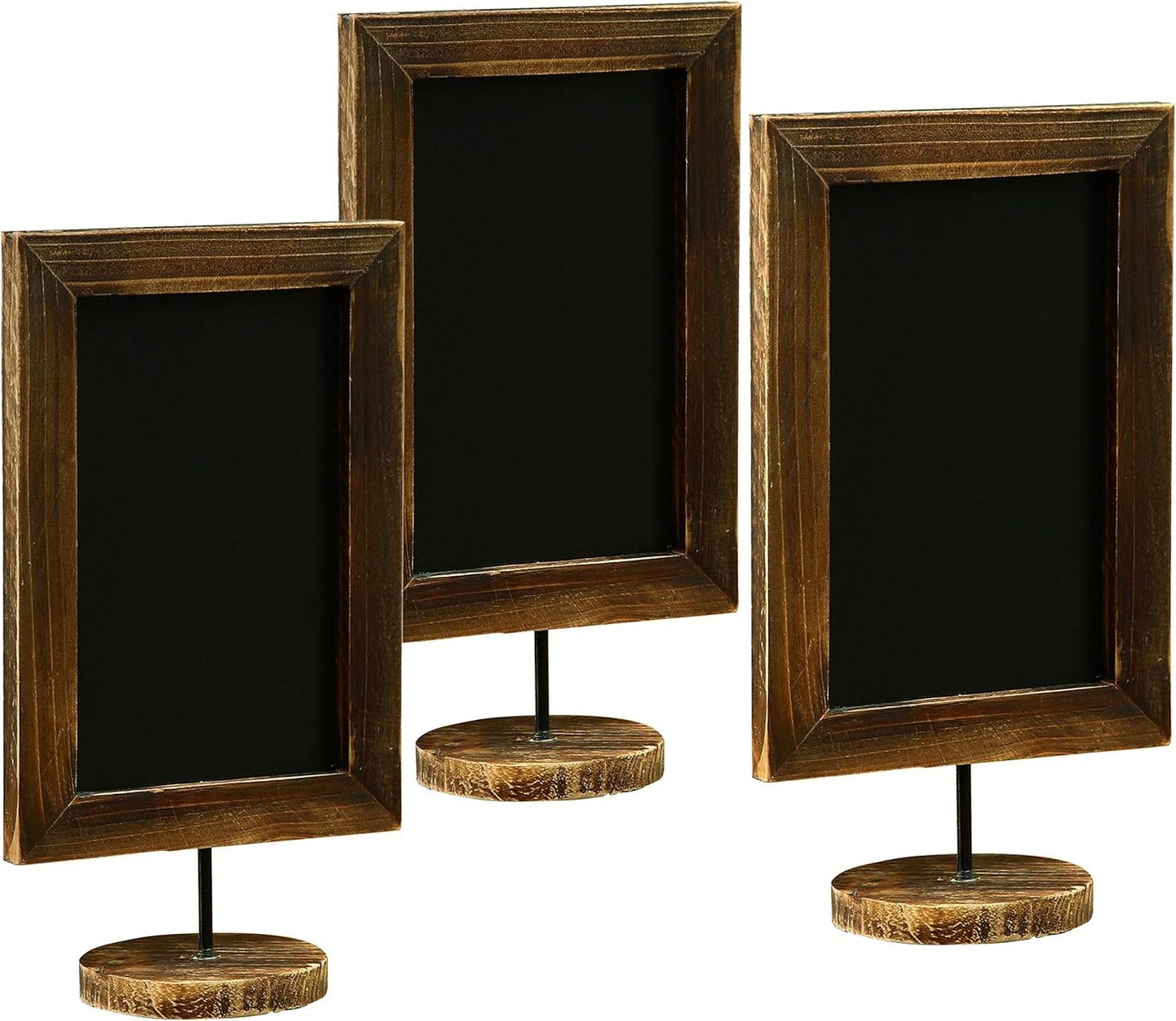 MyGift Set of 3 Tabletop Chalkboard Sign with Burnt Wood Frame and Round Base, Decorative Wedding Table Place Card Signage, Rustic Small Kitchen Countertop Memo Board