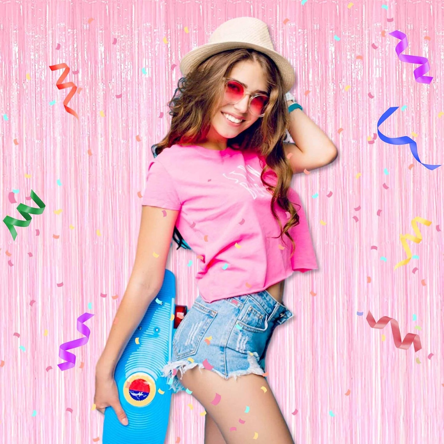 3 Pack Macaron Pink Foil Fringe Curtains Backdrop, 3.28 x 9.8 Ft Metallic Streamers Tinsel Curtains Background for Photo Booth, Birthday, Halloween, Christmas, New Year Party Decorations