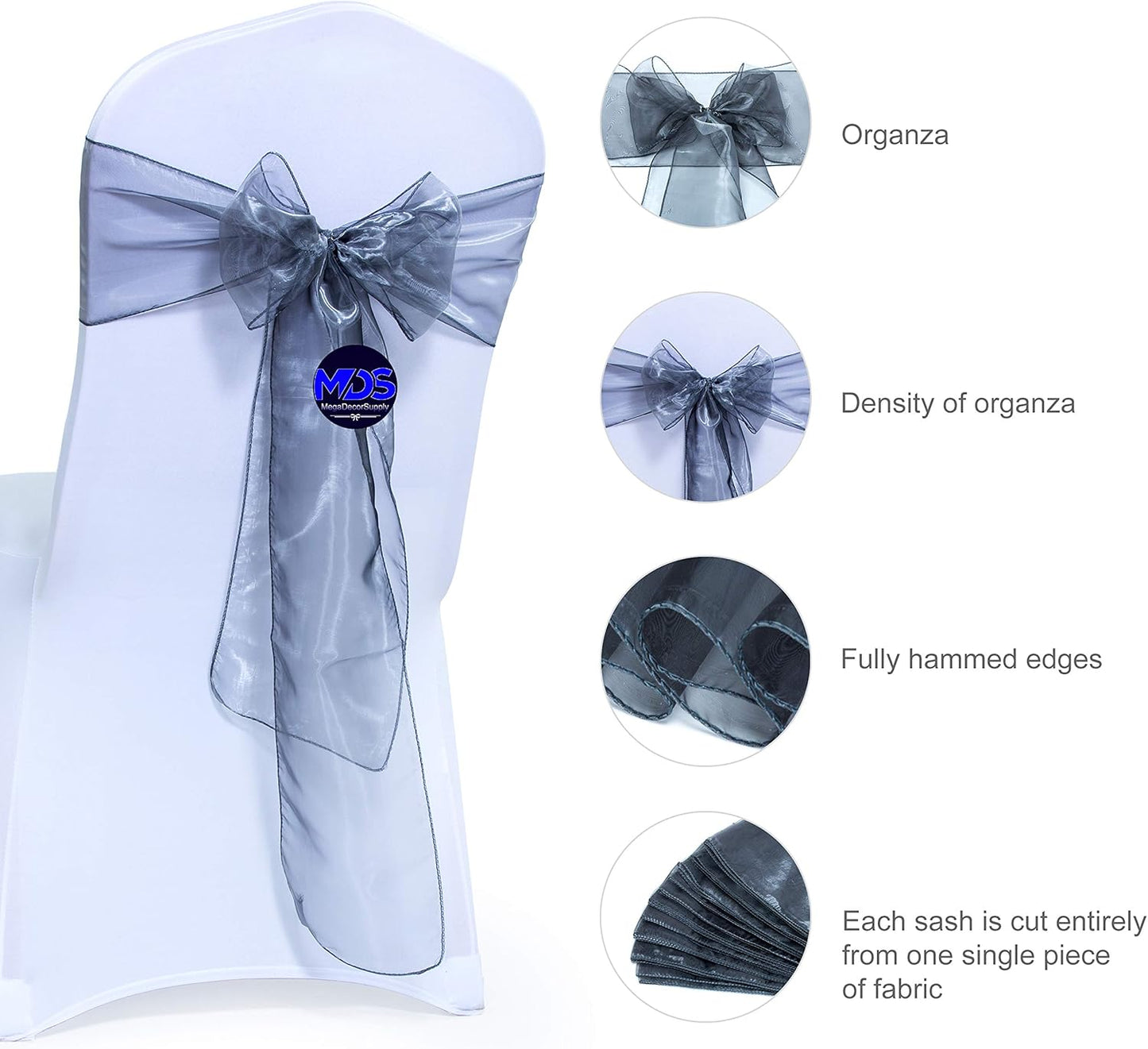 MDS Pack of 25 PCS Organza Chair Sashes Wider Dining Chair Bows Ribbon Tie Back for Wedding Party Birthday Bridal Shower Reception Event Banquet Home Chair Cover Decoration - Silver Gray