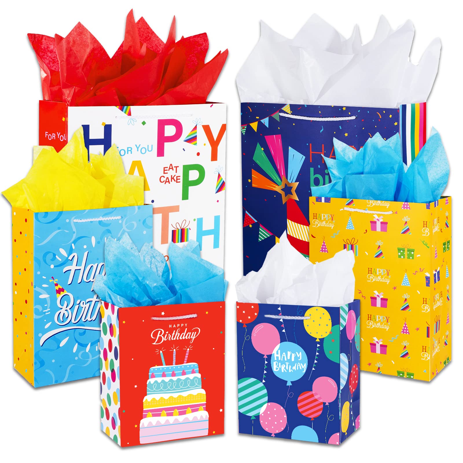 Birthday Gift Bag with Handle and Tissue Paper, 12 Pcs Gift Bags Assorted Sizes and Designs, Large