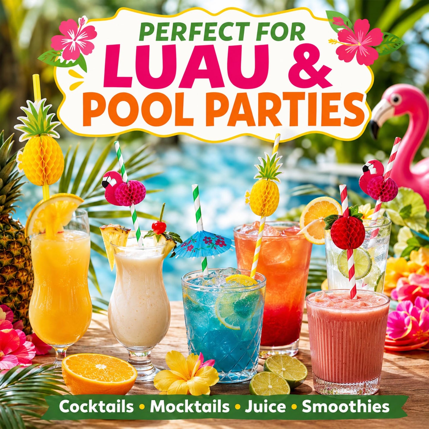Haundry 100PCS Luau Party Cocktail Straws, 3D Honeycomb Flamingo Fruit Umbrella Paper Straws with