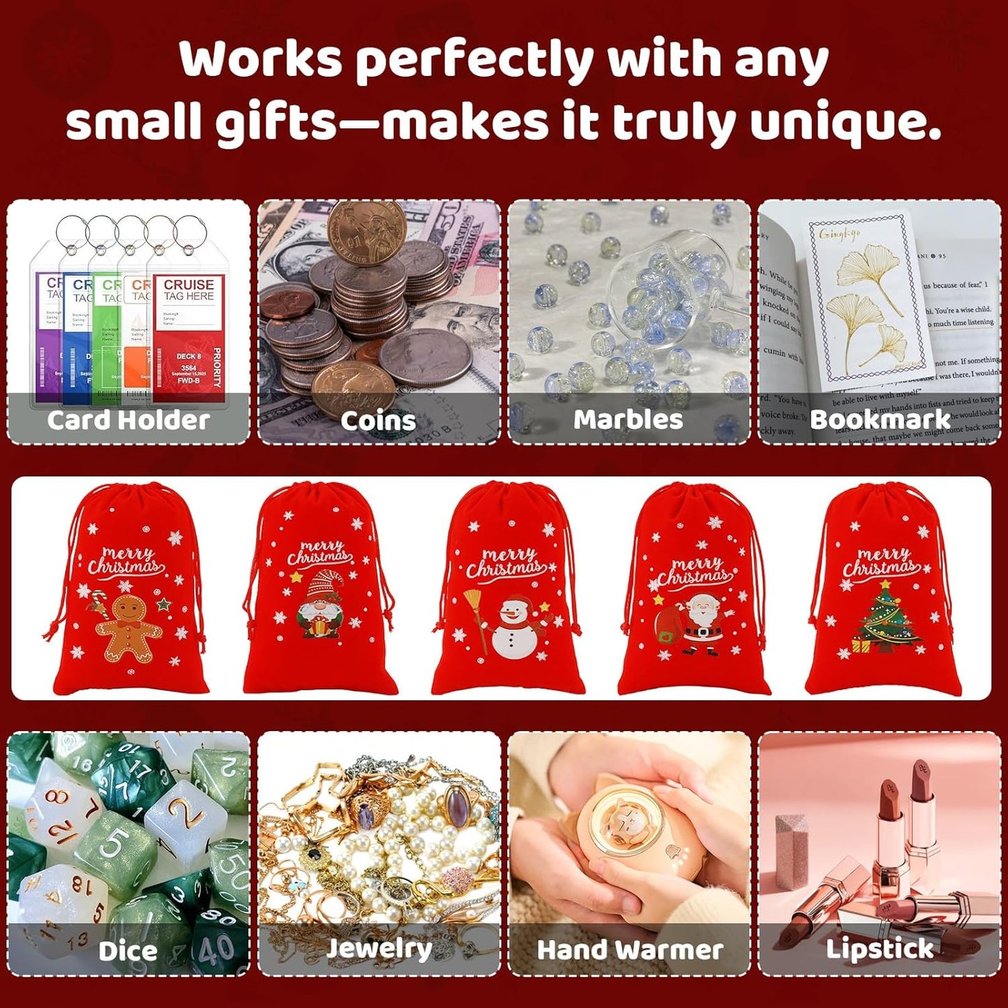 Tapleap Velvet Coth Christmas Bags with Drawstring, 50Pcs 4x6 for Wrapping Christmas Party Favors or Gifts for Friends, Small Bussiness, Palm Crosses, Customers