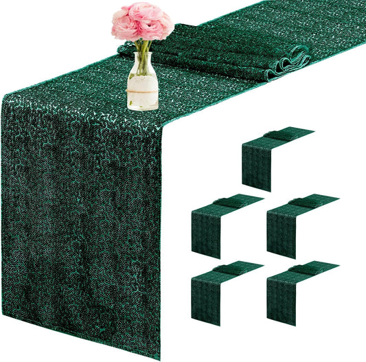6 Packs 12 x 72 inches Sequin Table Runner, Hunter Green Glitter Table Runner for Birthday Party Supplies Wedding Engagement Baby Shower Holiday Celebration Event Decorations
