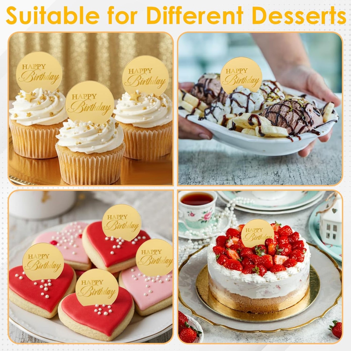 20 Pcs Acrylic Cupcake Toppers Circle Mirror Cake Toppers Disc Happy Birthday Cake Decoration Acrylic Engraved Cakes Picks Personalized Mirror Decoration for Birthday Party DIY Supplies