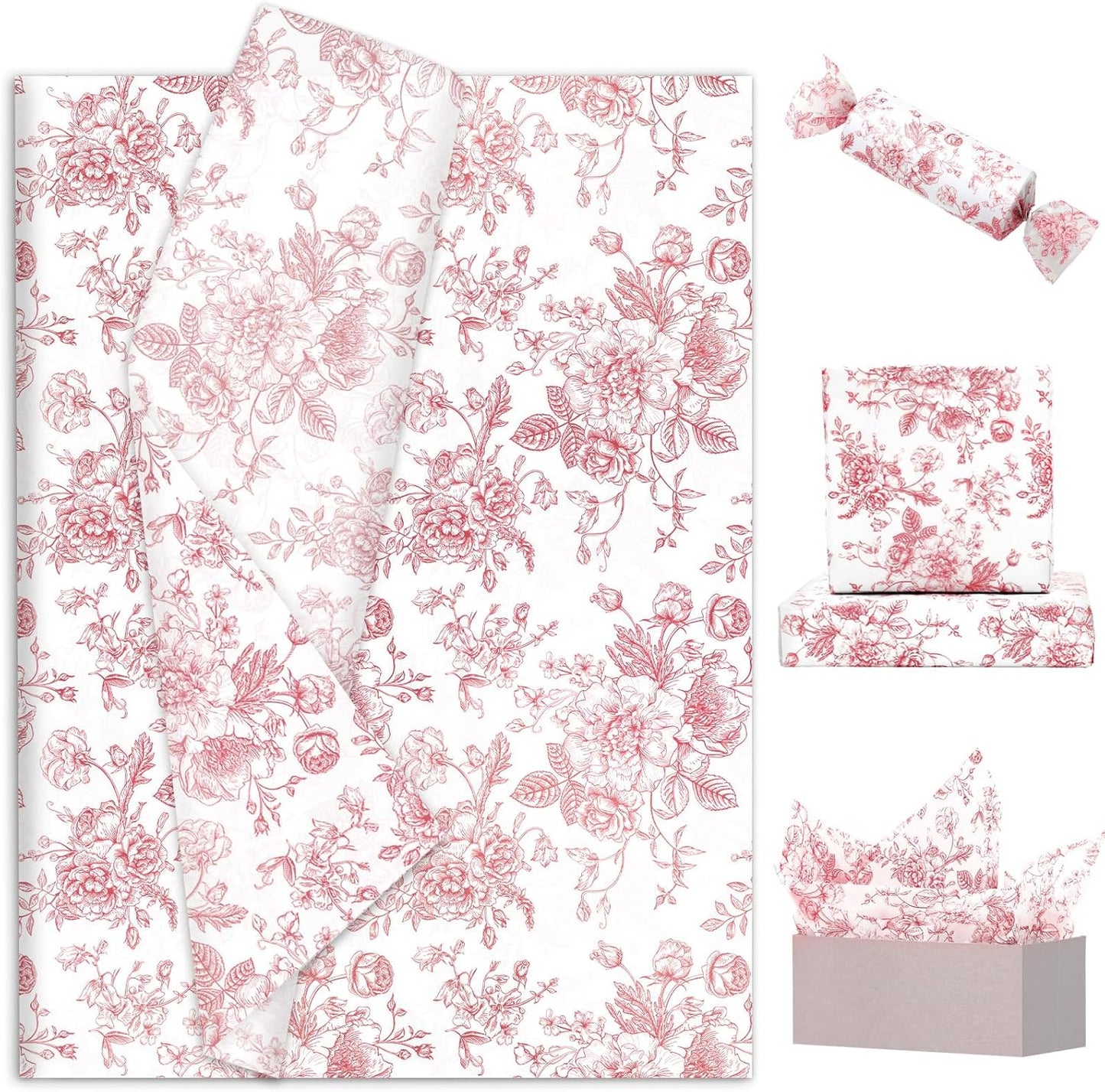 JarThenaAMCS 100 Sheets Floral Tissue Paper Rose Gold Flower Gift Wrapping Paper Vintage Decorative Art Paper for Home Party DIY Crafts Supplies, 14 x 20 Inch