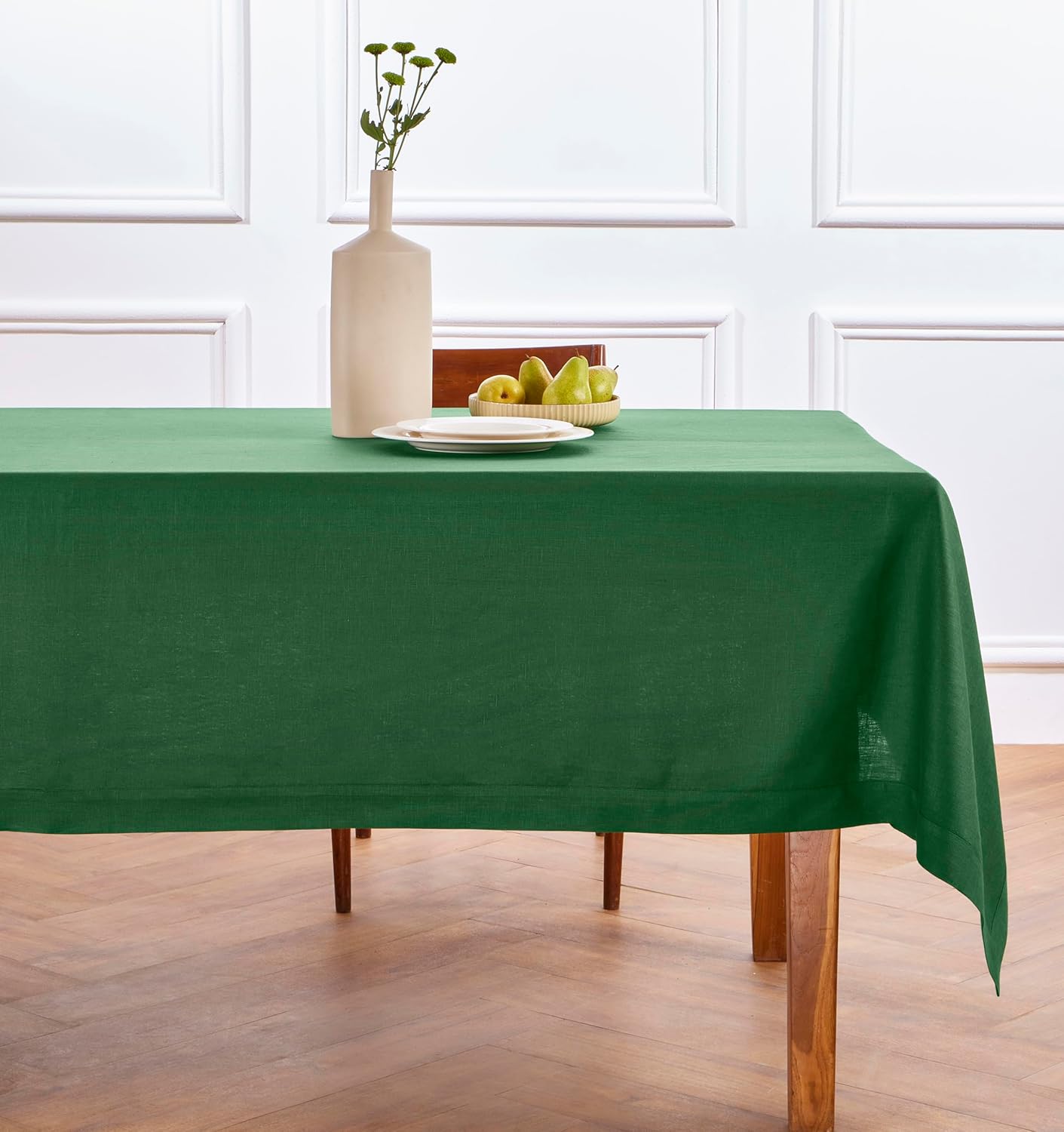 Solino Home Linen Square Tablecloth 52 x 52 Inch - 100% Pure Linen Pine Green Table Throw - Fete, Machine Washable Table Cloth for Fall, Autumn, Thanksgiving, Christmas