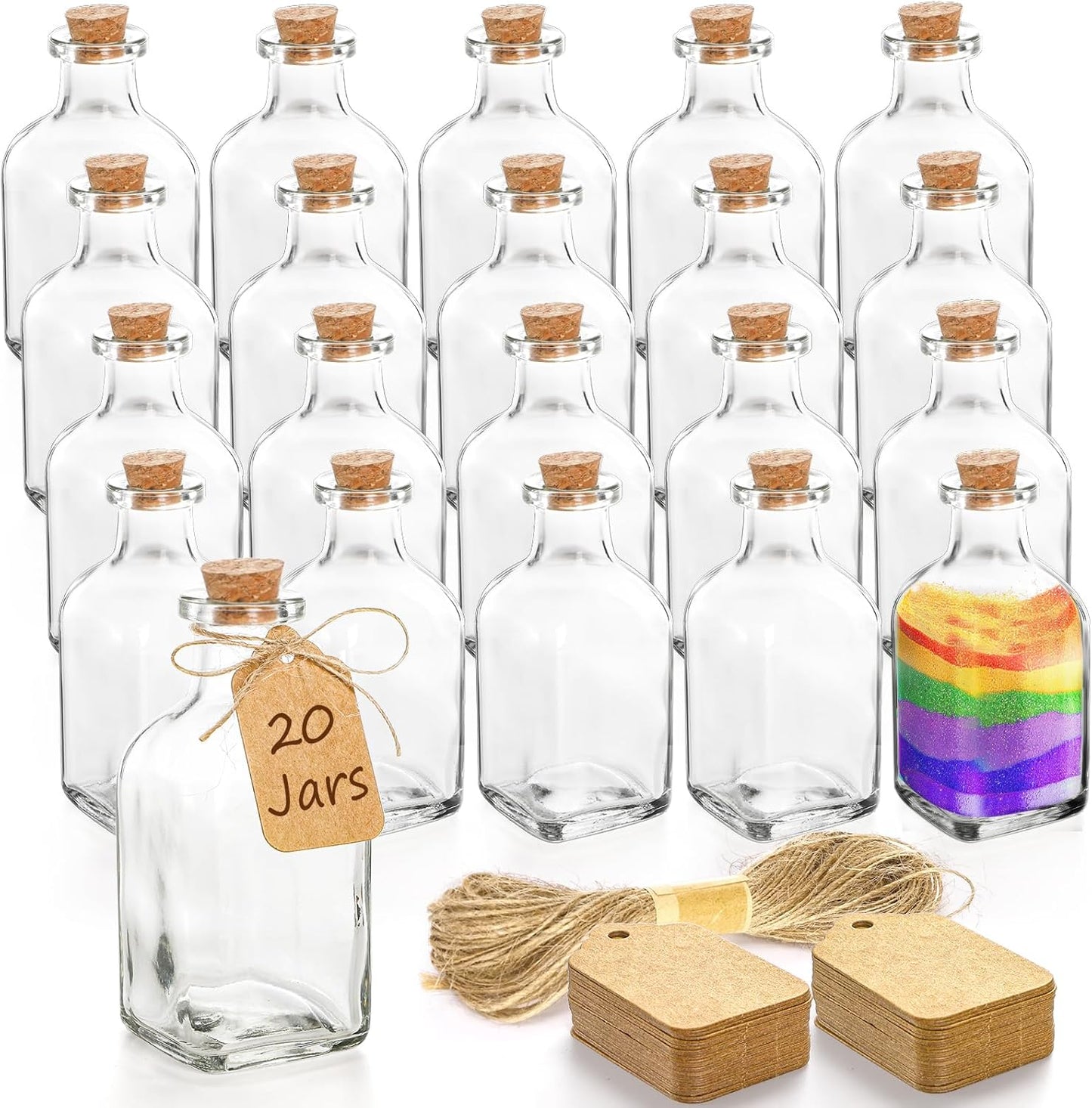 ZOOFOX 20 Pack Glass Bottles with Cork Stoppers, 3.4 oz Small Vintage Style Favor Jars, Clear Empty Cork Bottles for Party Favors, DIY Crafts, Extra Tags and String