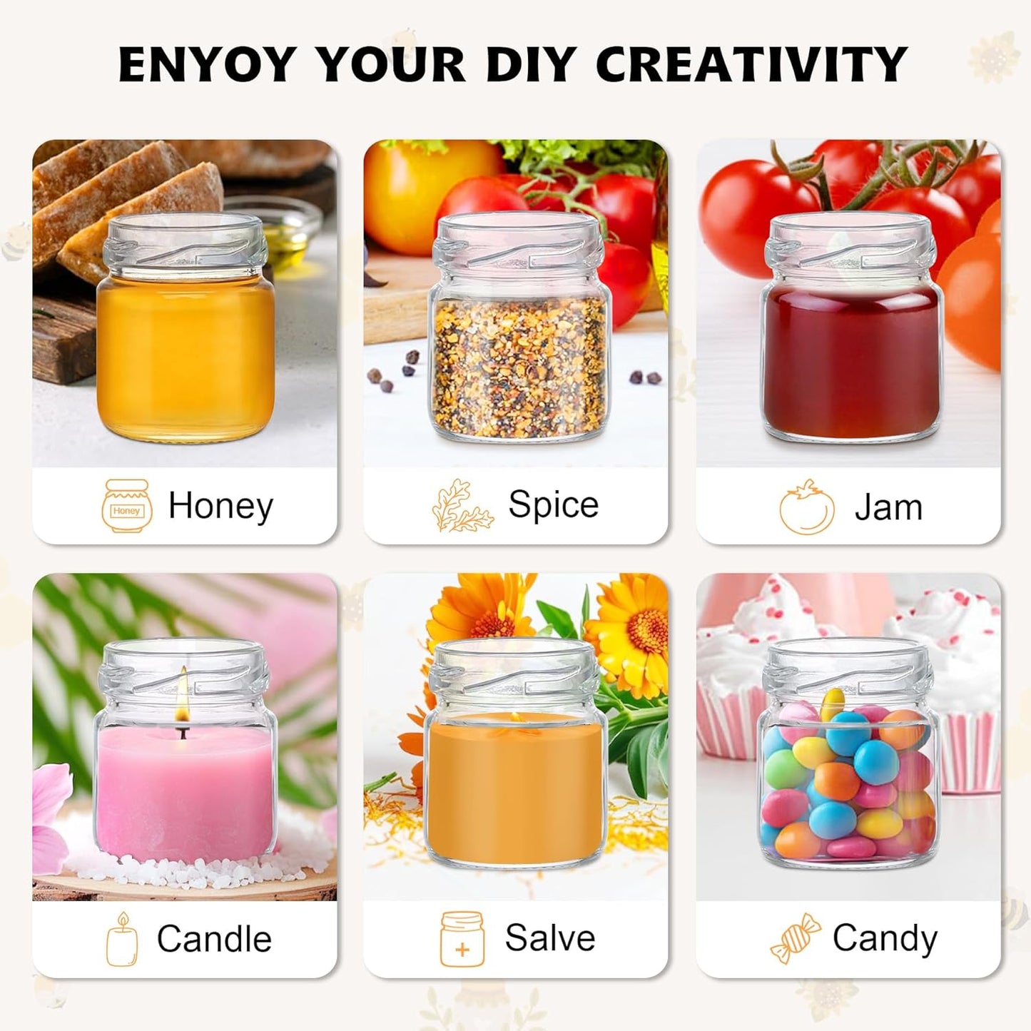 126 Pcs 1.5 oz Mini Round Glass Honey Jars with Dippers, Gold Lids, Bee Stickers, Bee Charms, Gift Bags & Jute– Empty Small Honey Jars for Party Favors Bulk, Ideal for Baby Showers ＆ Weddings
