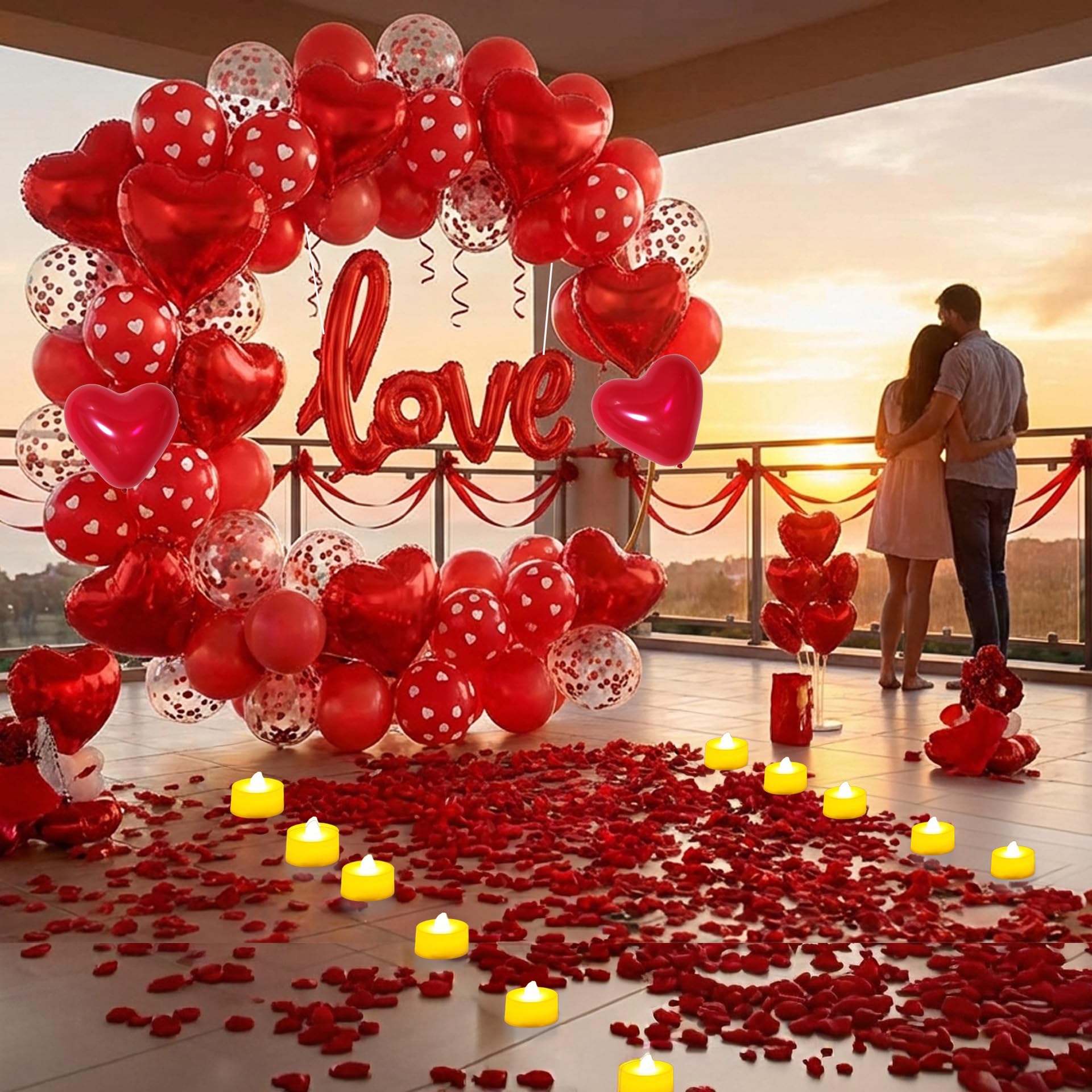 Valentine’s Day Decorations Set – Red Heart Balloon Kit with LOVE Foil, LED Candle Lights & Rose