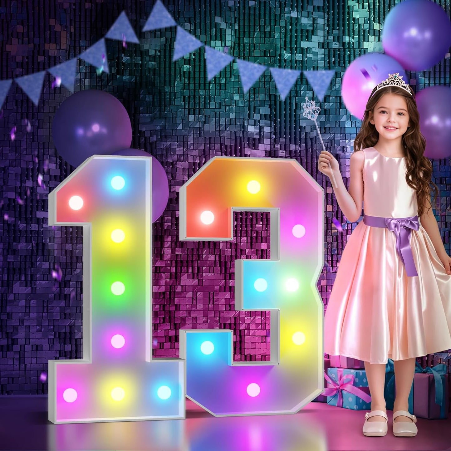 Marquee Numbers 13th-Birthday Decoration: Colorful 3FT Large Light Up 13 Year Old Birthday Decorations Anniversary Backdrop for Boys Girls Cardboard Sign 18 Colors Number 13 Mosaic Balloon Frame
