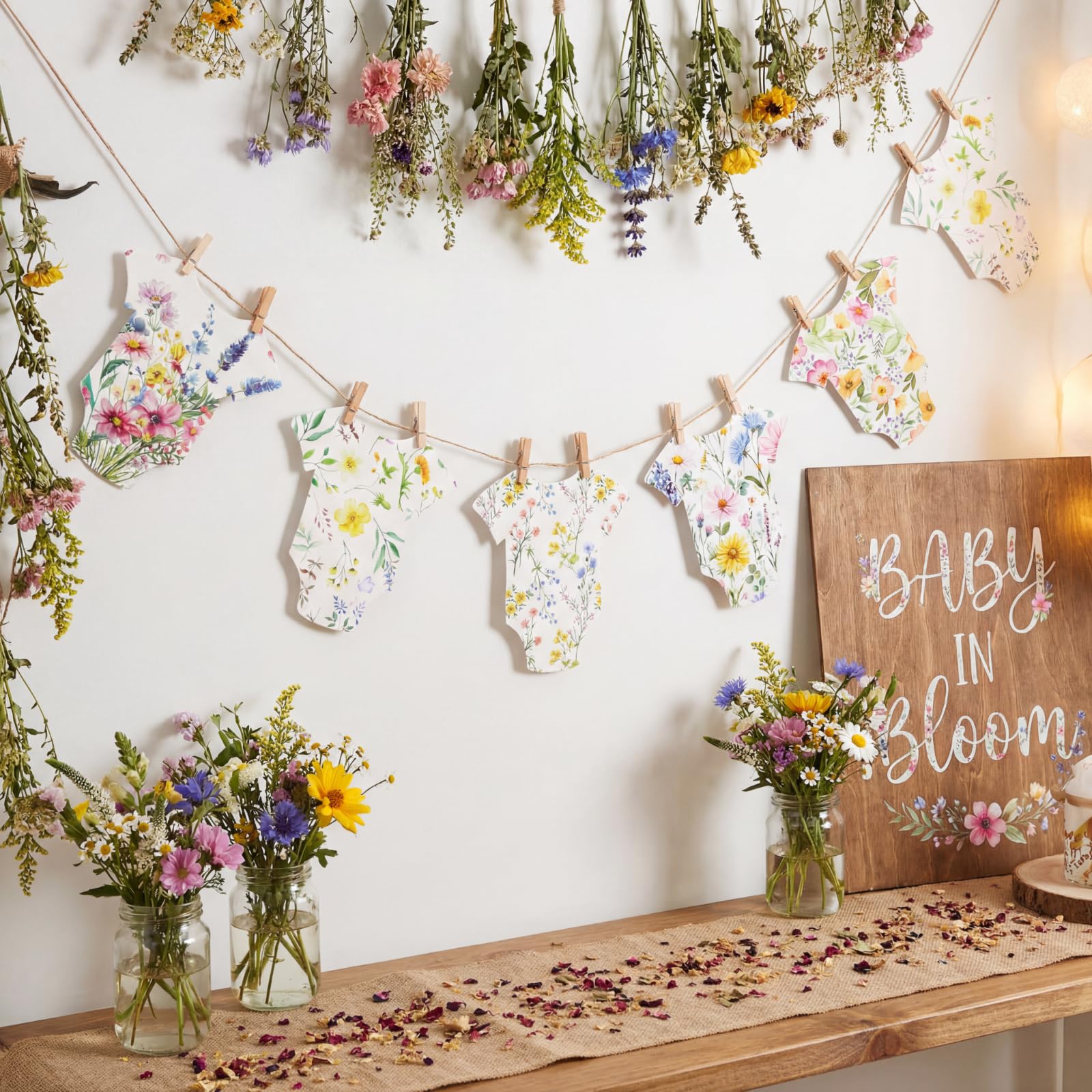 Frienda Baby in Bloom Paper Banner Wildflower Dress Bodysuit Garland Outfit Set with Clips Hemp